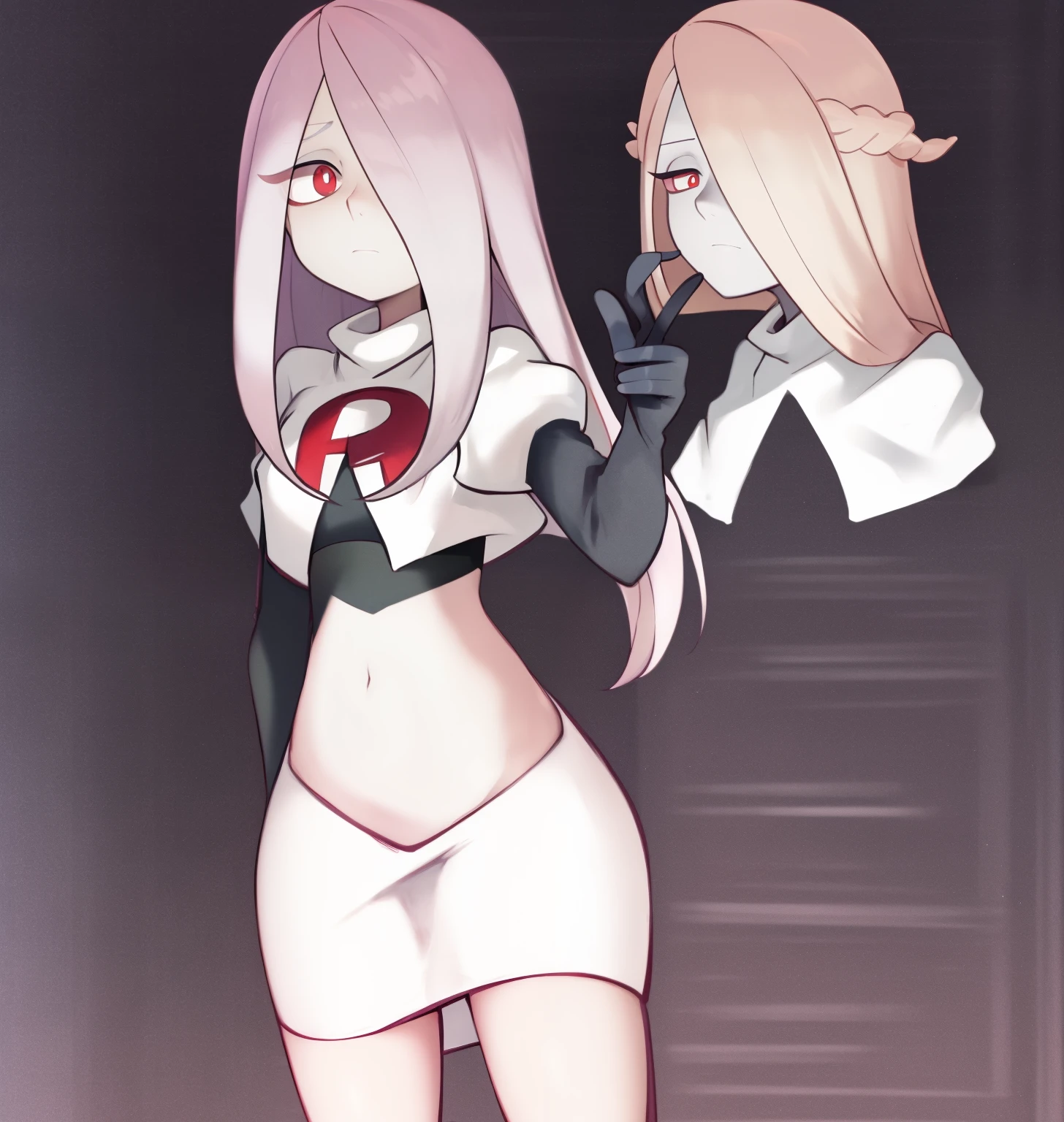 sucy, (sucy manbavaran:1.3), cowboy shot 1girl, (blank expression:1.2), (expressionless:1.2), makeup, hair over one eye, half-closed eyes, long hair, light purple hair, red eyes, pale skin, (standing cowboy shot:1.2), team rocket,team rocket uniform, red letter R, white skirt,white crop top,black thigh-high boots,black elbow gloves,