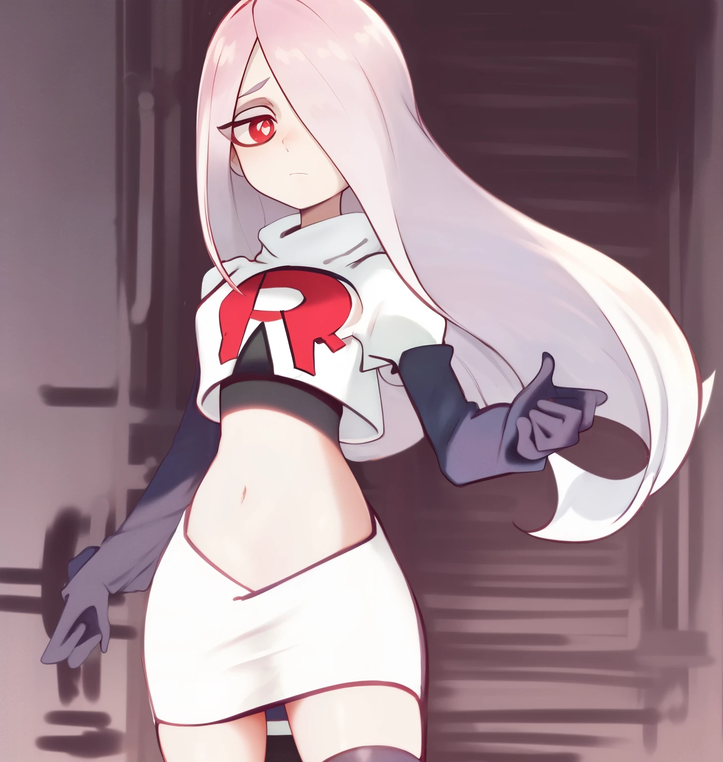 sucy, (sucy manbavaran:1.3), cowboy shot 1girl, (blank expression:1.2), (expressionless:1.2), makeup, hair over one eye, half-closed eyes, long hair, light purple hair, red eyes, pale skin, (standing cowboy shot:1.2), team rocket,team rocket uniform, red letter R, white skirt,white crop top,black thigh-high boots,black elbow gloves,