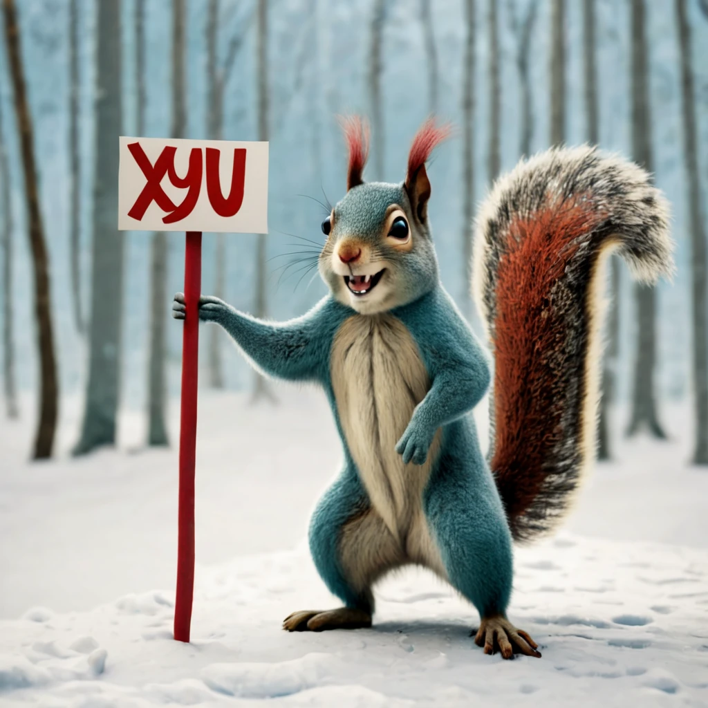 (Edward Gorey style:1) The squirrel is laughing hard, tall and fluffy, with skinny legs and thin arms, red fur with a blue tint, crazy eyes and a crooked smile., (the squirrel is holding a sign with the inscription "xyu"), the squirrel is laughing , emotion - strong laughter, Against the background of a winter forest, a complete imitation of the style of Edward Gorey.