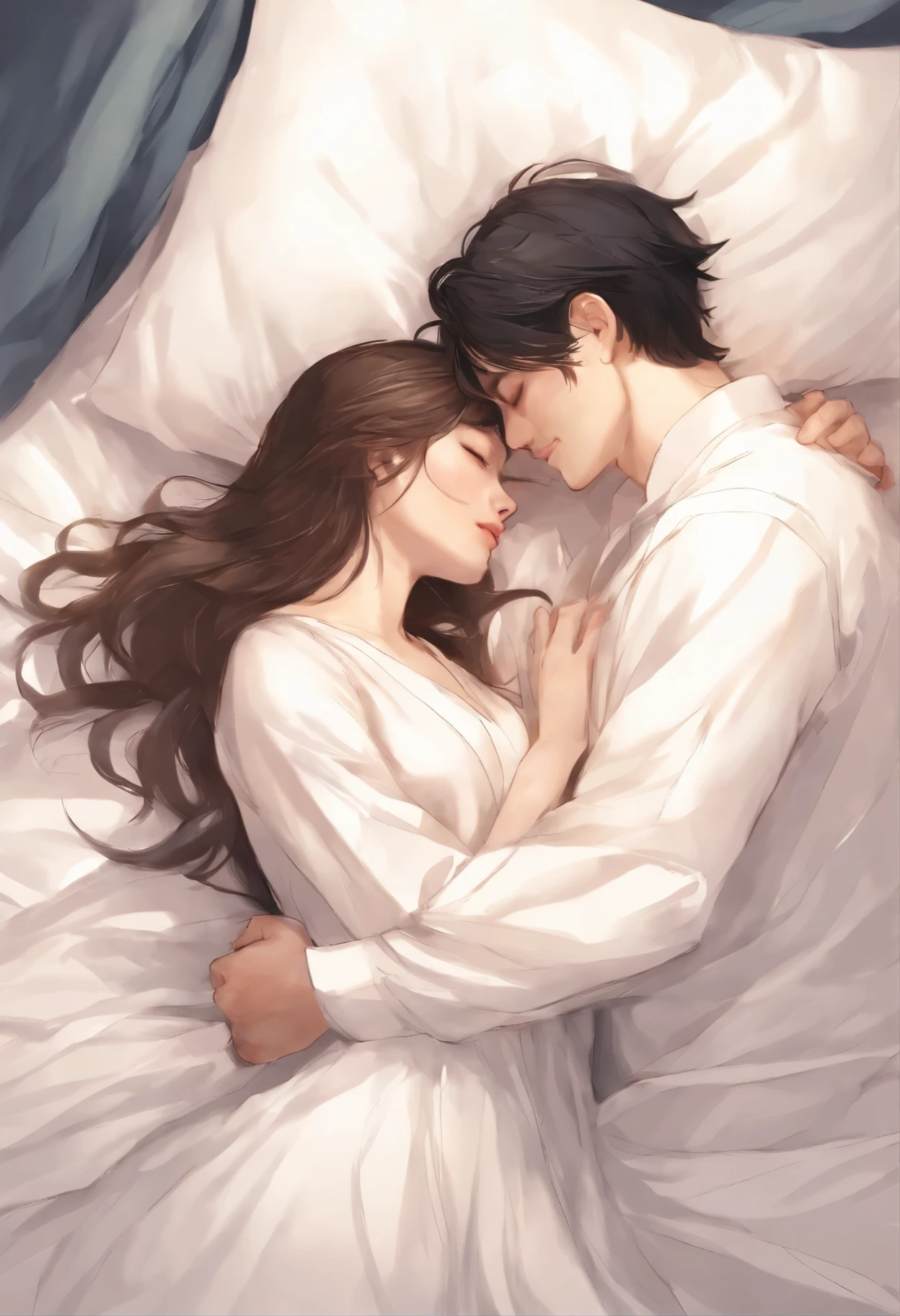 drawing of a couple hugging in bed with a white sheet, He holds her, While she sleeps, by Li Mei-shu, Yanagawa Nobusada, soft anime illustration, by Jin Nong, Naka Bokuhnen, charlie bowater and artgeem, couple pose, Lovers melt in bed, Eizan Kikukawa, hug, Makoto Shinkai and (Cainova plague), sakimichan and makoto shinkai, guweiz, Kissing together, artwork in the style of guweiz,