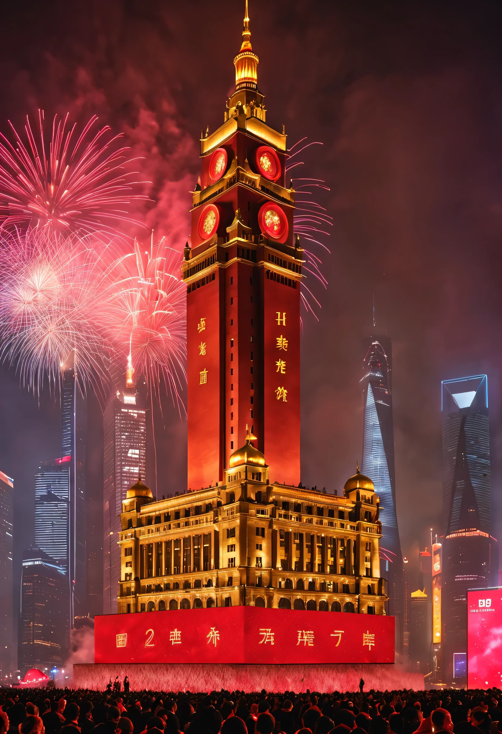 2024 New Year’s Eve celebration scene design, (Red and gold poster design), (Happy New Year with the electronic projection screen of the giant building on the Bund in Shanghai), Everyone watched the countdown on the big screen, Fireworks are blooming everywhere, Many ribbons and colorful pieces fall in the air, people's wishes,,Valerio Orgiatti,author:Shigeru Ban,Public places,Ray traching,globalillumination,colored lighting,modern, The is very detailed, Best quality at best, tmasterpiece, A high resolution, photo-realism, Hyper-realistic, actual, 8K, Glass floor,Mosaic floor,