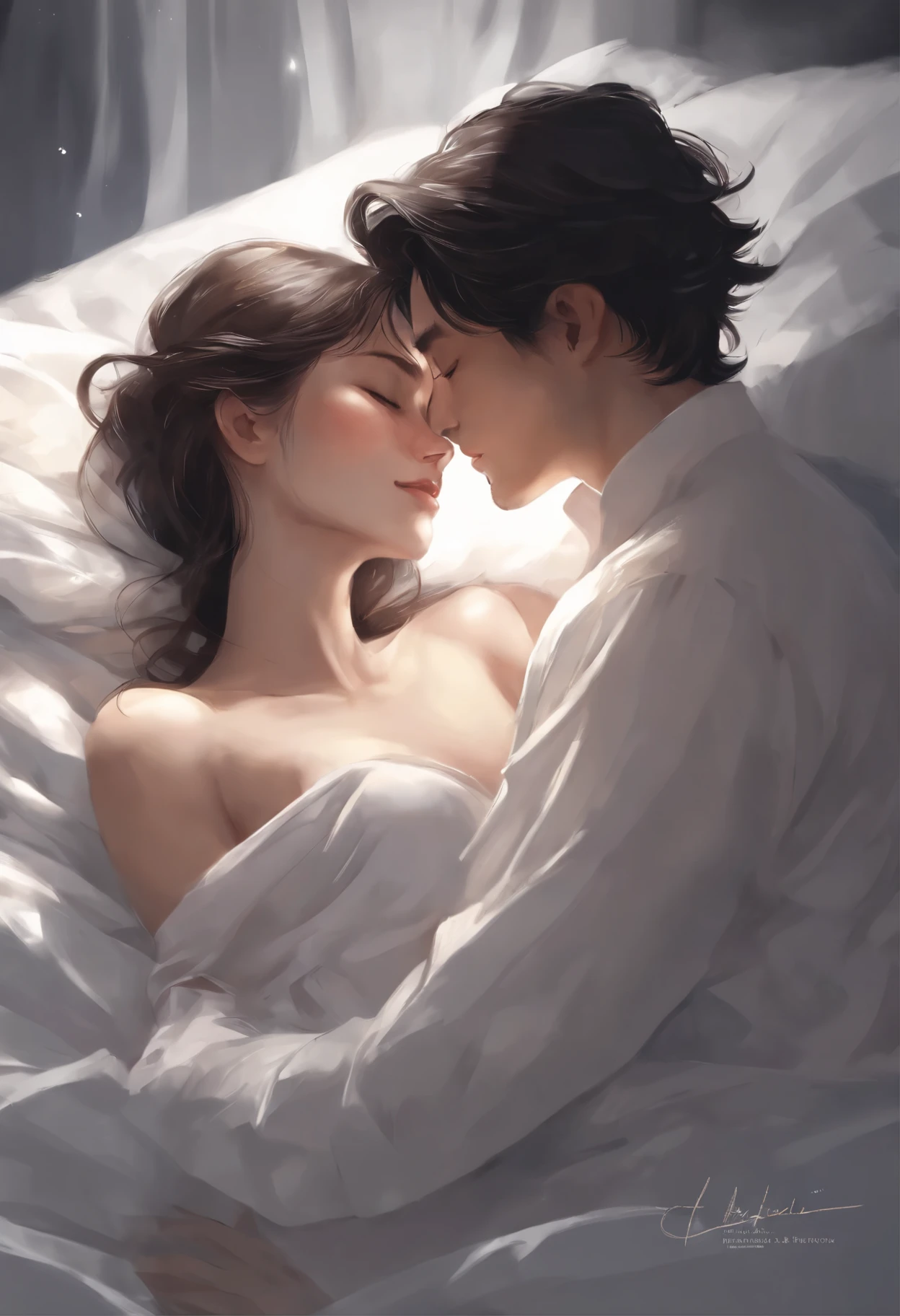 drawing of a couple hugging in bed with a white sheet, He holds her, While she sleeps, by Li Mei-shu, Yanagawa Nobusada, soft anime illustration, by Jin Nong, Naka Bokuhnen, charlie bowater and artgeem, couple pose, Lovers melt in bed, Eizan Kikukawa, hug, Makoto Shinkai and (Cainova plague), sakimichan and makoto shinkai, guweiz, Kissing together, artwork in the style of guweiz,