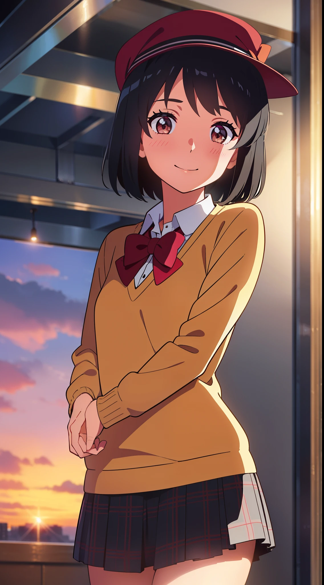 shinkai makoto, kimi no na wa., 1girl, bangs, black hair, blush, bright eyes, brown eyes, red headband, red bow, red ribbon, short hair, smile, cute, beautiful, shiny skin, perfect body, perfect hands, looking at viewer, sweater, shirt, flatcap, skirt, plaid skirt, morning, sunrise, cloudy, indoors, summer festival, Amusement park, dynamic lights, restaurant, resto, cafe