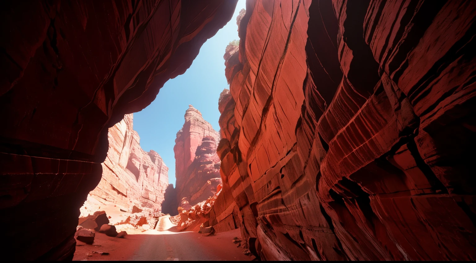 view from below of a narrow rocky passage between two high walls of red mountains. cinematic light, 4k hdr, lens 28mm