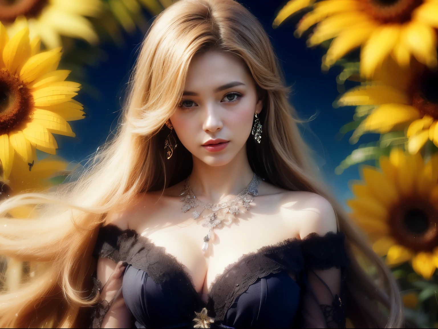 ( absurdly , hiquality , Ultra Detailed ) ,( Hand in detail ) , 1girl, 独奏, Mature, extra very long hair, Sunflower hair , Beautiful crystal eyes ( The eye is detailed ) baroque, necklace, Long Dress, long sleeve, elegant, Colorful, highest detail, upper-body , with river and sunflowers
