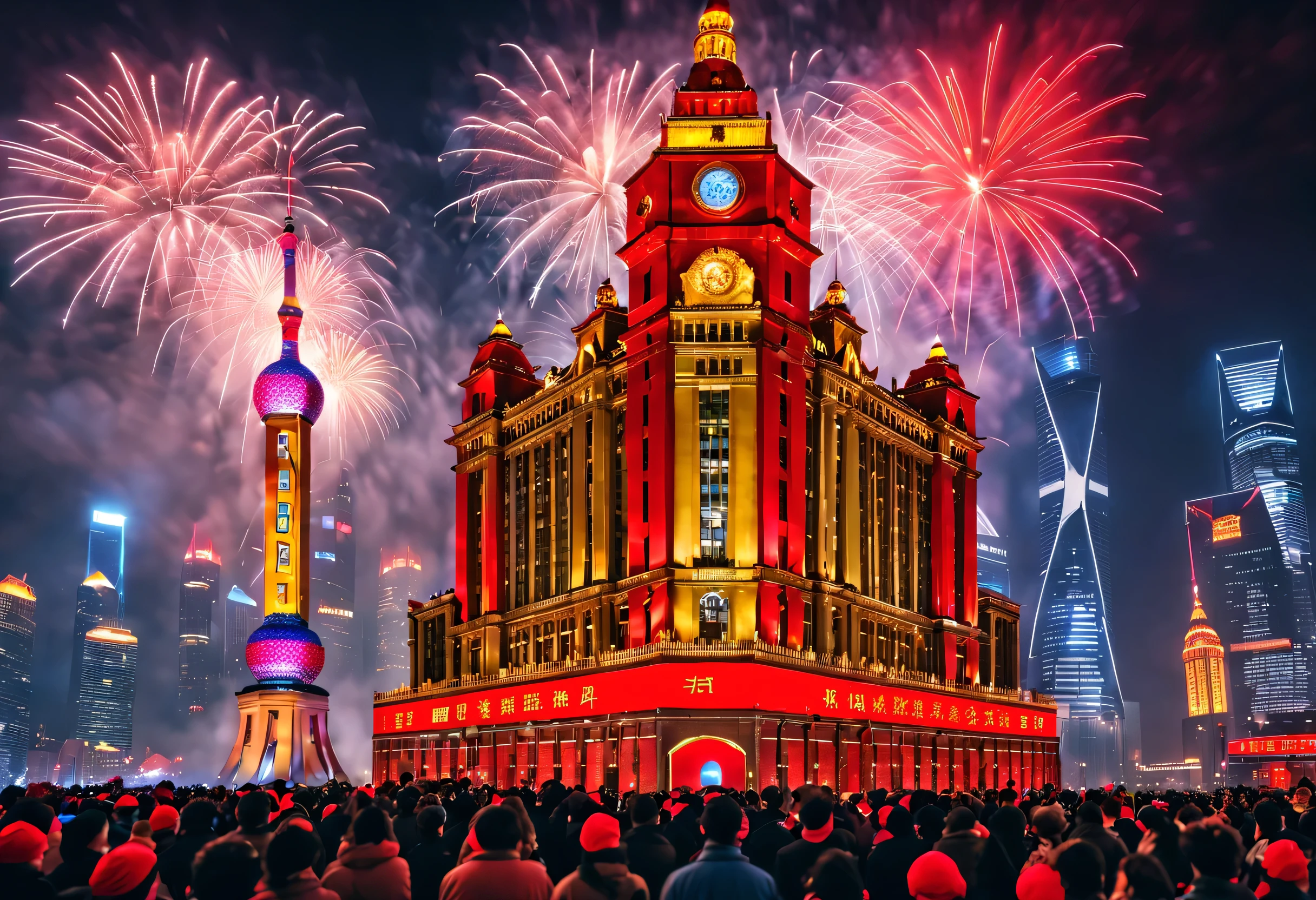 2024 New Year’s Eve celebration scene design, (Red and gold poster design), (Happy New Year with the electronic projection screen of the giant building on the Bund in Shanghai), Everyone is watching the countdown on the big screen, Fireworks are blooming everywhere, Many ribbons and colorful pieces fall in the air, people'wish,,Valerio Orgiatti,author:Shigeru Ban,Public places,ray traycing,globalillumination,colored lighting,modern, The content is very detailed, Best quality, tmasterpiece, A high resolution, Photographic realism, hyper realisitc, actual, 8K, Glass floor,Mosaic floor,