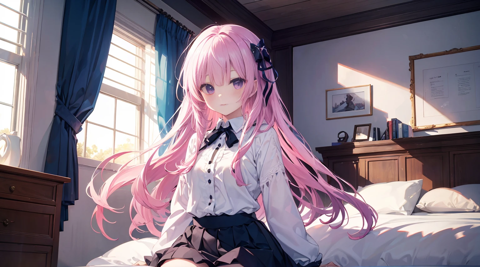 one-girl，solo,Purple eye，167cm height，55cm bust， ((quality, 8K, tmasterpiece: 1.3)), white colors女仆lack short skirt，, mitsukasa ayase,Purple eye，Pink medium long hair， Smaller,, (natural soft light, : 1.1), Indoors，in a  bedroom，sitted, white colors透明连裤袜，white colorull bodyesbian