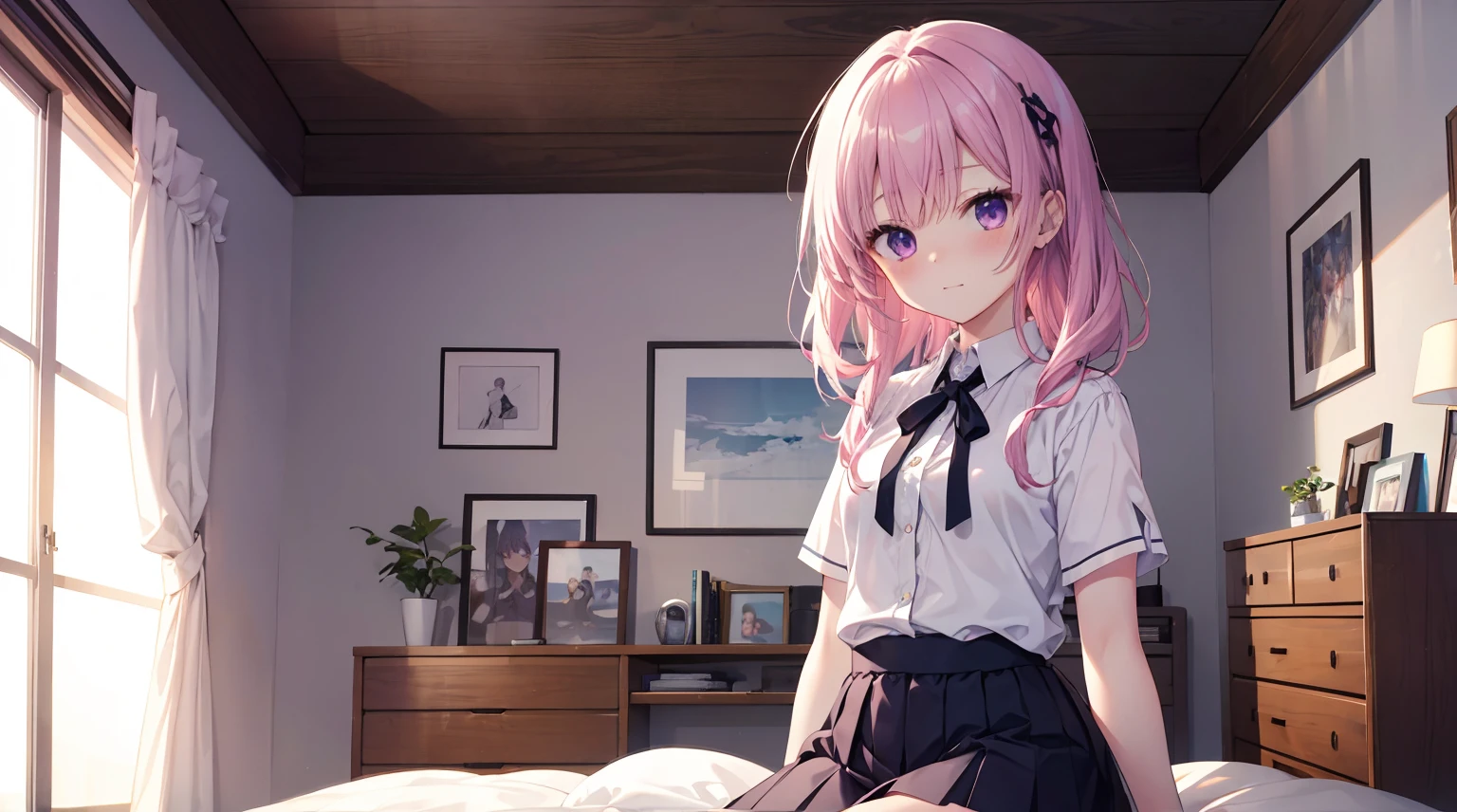 one-girl,solo,Purple eye,167cm height,55cm bust, ((quality, 8K, tmasterpiece: 1.3)), white colors女仆lack short skirt,, mitsukasa ayase,Purple eye,Pink medium long hair, Smaller,, (natural soft light, : 1.1), Indoors,in a bedroom,sitted, white colors透明连裤袜,white colorull bodyesbian