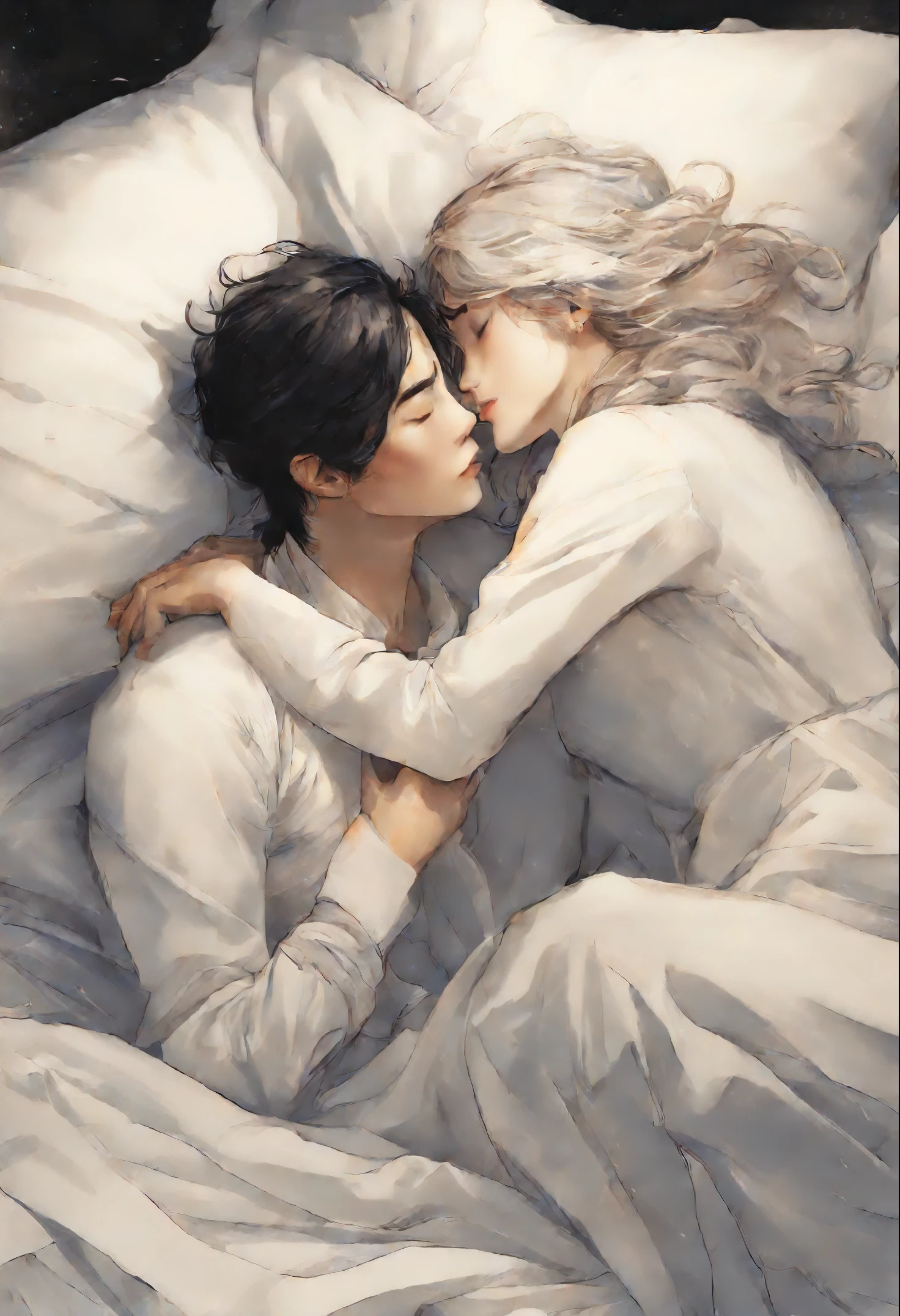 drawing of a couple hugging in bed with a white sheet, He holds her, While she sleeps, by Li Mei-shu, Yanagawa Nobusada, soft anime illustration, by Jin Nong, Naka Bokuhnen, charlie bowater and artgeem, couple pose, Lovers melt in bed, Eizan Kikukawa, hug, Makoto Shinkai and (Cainova plague), Kissing together, artwork in the style of guweiz,