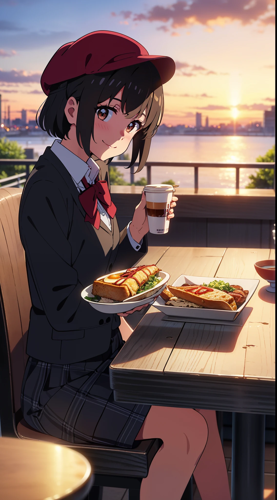 shinkai makoto, kimi no na wa., 1girl, bangs, black hair, blush, bright eyes, brown eyes, red headband, red bow, red ribbon, short hair, smile, cute, beautiful, shiny skin, perfect body, perfect hands, looking at viewer, sweater, shirt, flatcap, skirt, plaid skirt, evening, sunset, cloudy, outdoors, summer festival, Amusement park, dynamic lights, restaurant, resto, cafe, coffee, table, chair, sitting, drinking