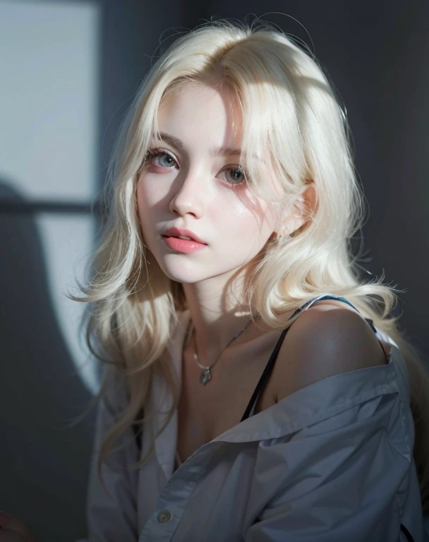 Un primer plano de una mujer con largos cabellos rubios y un estrangulamiento., ulzzang, Parque Blackpink Roseanne, extremely pale blond hair, pale porcelain white skin, Chica coreana, pale fair skin!!, pale round face, Wan adorable cara coreana, cabello rubio muy, very pale, pale, shiny skin, extremely pale white skin, maquillaje popular de Corea del Sur, linda Delphine