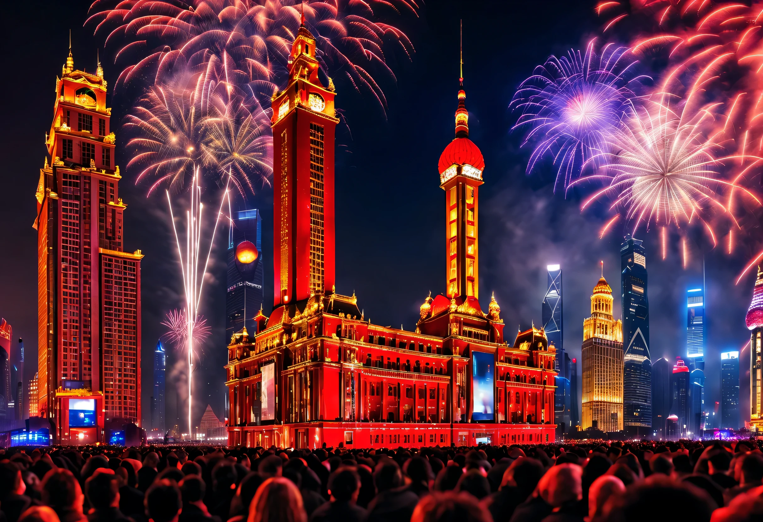 (2024)New Year’s Eve celebration scene design, (Red and gold poster design), (Happy New Year with the electronic projection screen of the giant building on the Bund in Shanghai), Everyone is watching the countdown on the big screen, Fireworks are blooming everywhere, Many ribbons and colorful pieces fall in the air, people'wanting,,Valerio Orgiatti,author:Shigeru Ban,Public places,Ray traching,globalillumination,colored lighting,modern, The content is very detailed, Best quality at best, tmasterpiece, A high resolution, photographyrealism, hyper realisitc, actual, 8K, Glass floor,Mosaic floor,