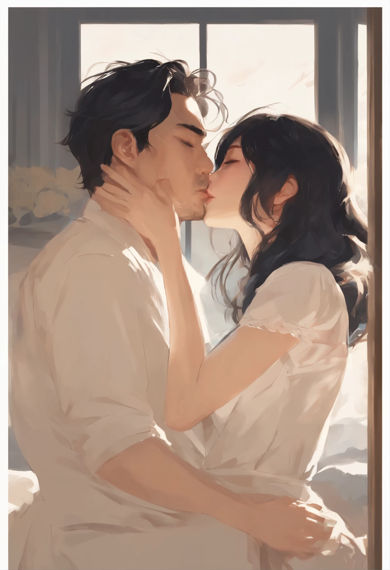 a painting, depicting a couple kissing in front of a window overlooking the ocean, rob rey and kentarõ miura style, rob rey and kentarõ miura, Rob Rei and Kentaro Miura Style, Guweiz and Makoto Sinkai, romantic painting, sakimichan and makoto shinkai, Concept art of love, She had no strength left to resist, when he lifted her up and, removing the pillows, started laying. She felt his hands on her skin, calloused and warm. Makoto Shinkai and (Cainova plague), sakimichan and makoto shinkai, guweiz, Kissing together, artwork in the style of guweiz