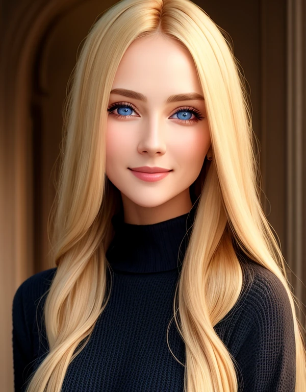 Masterpiece, absurdres,HDR ,highly detailed eyes and face,smiling, beautiful nod_woman, a woman with long blonde hair and a black sweater ,perfect nod_body,perfect nod_face,