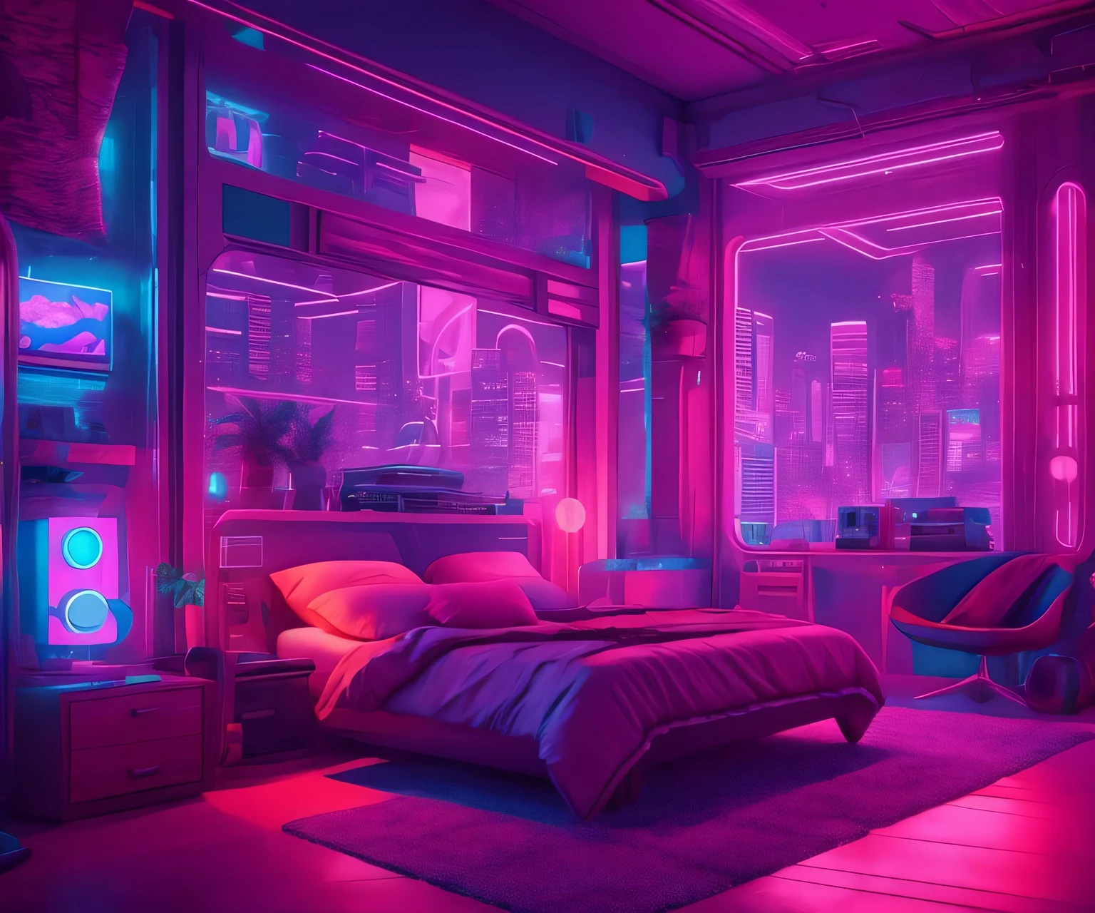 ((masterpiece)), (ultra-detailed), (intricate details), (high resolution CGI artwork 8k), Create an image of a small retro-futuristic and realistic vaporwave cyberpunk (bedroom) at night time. One of the walls should feature a big window with a busy, colorful, and detailed (cyberpunk), synthwave, neon cityscape. The city should have a futuristic style with lots of colors, neon lights, signs, and differently-sized buildings. The cityscape should be extremely detailed with depth of field. The city should have a lot of visual interest with many small details. Utilize atmospheric and ambient lighting to create depth and evoke the feel of a busy futuristic city outside the window. Pay close attention to details like intricate, hires eyes and 90s bedroom accents. Camera: wide shot showing the bed or desk and the window. The window should be the focal point of the image. Lighting: use atmospheric and volumetric lighting to enhance the cityscape details. The room should be illuminated by the neon lights from the cityscape.