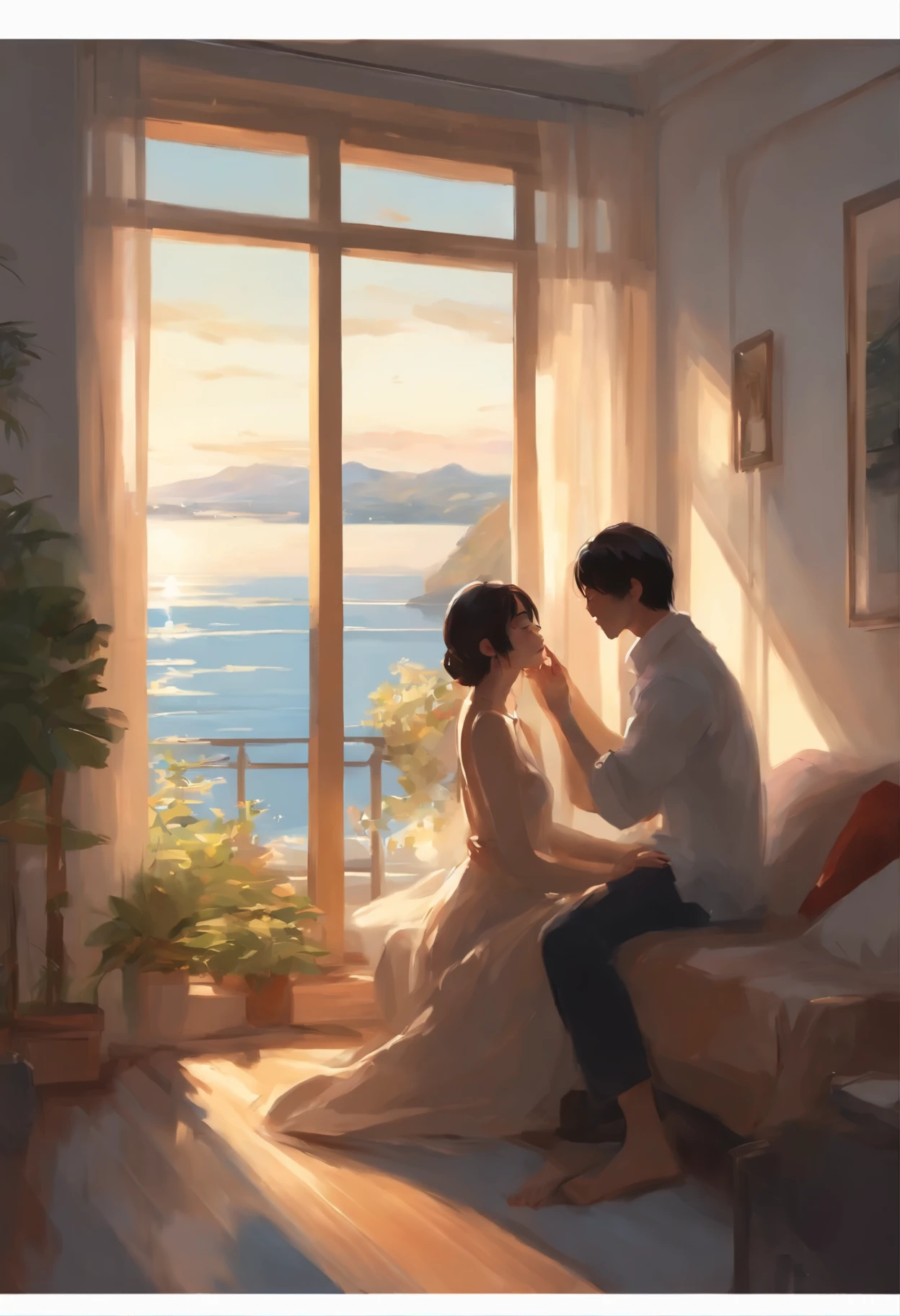 a painting, depicting a couple kissing in front of a window overlooking the ocean, rob rey and kentarõ miura style, rob rey and kentarõ miura, Rob Rei and Kentaro Miura Style, Guweiz and Makoto Sinkai, romantic painting, sakimichan and makoto shinkai, Concept art of love, She had no strength left to resist, when he lifted her up and, removing the pillows, started laying. She felt his hands on her skin, calloused and warm. Makoto Shinkai and (Cainova plague), sakimichan and makoto shinkai, guweiz, Kissing together, artwork in the style of guweiz