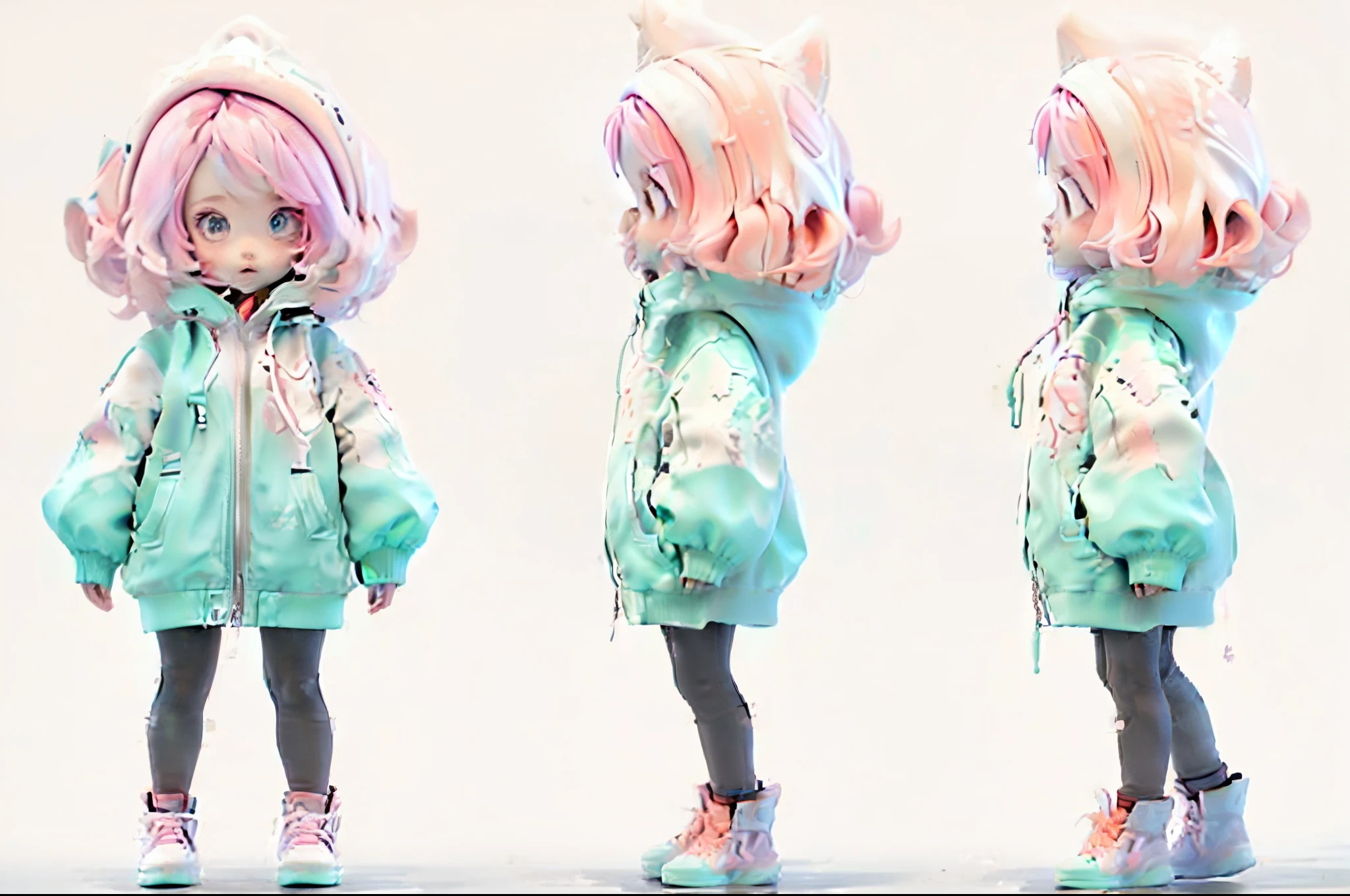 anime character with pink hair and blue hoodie standing in different poses,