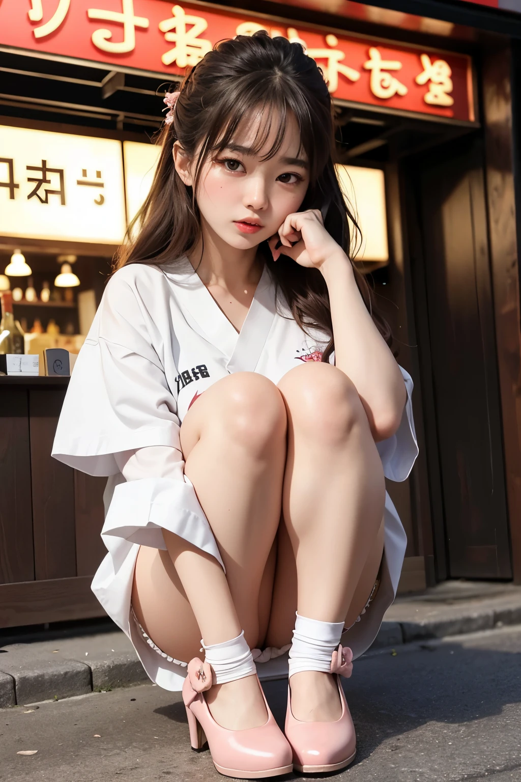 ((best quality)), ((masterpiece)), (ultra details), 

1girl, cute face, k-pop idle IVE, twice, blush, bashful, embarrassed, 

wearing a big size shirts, swelling of bosom, wearing shoes, wearing heel shoes, full body, from bottom

background Japanese style pub, Japanese pub, front of pub, night,