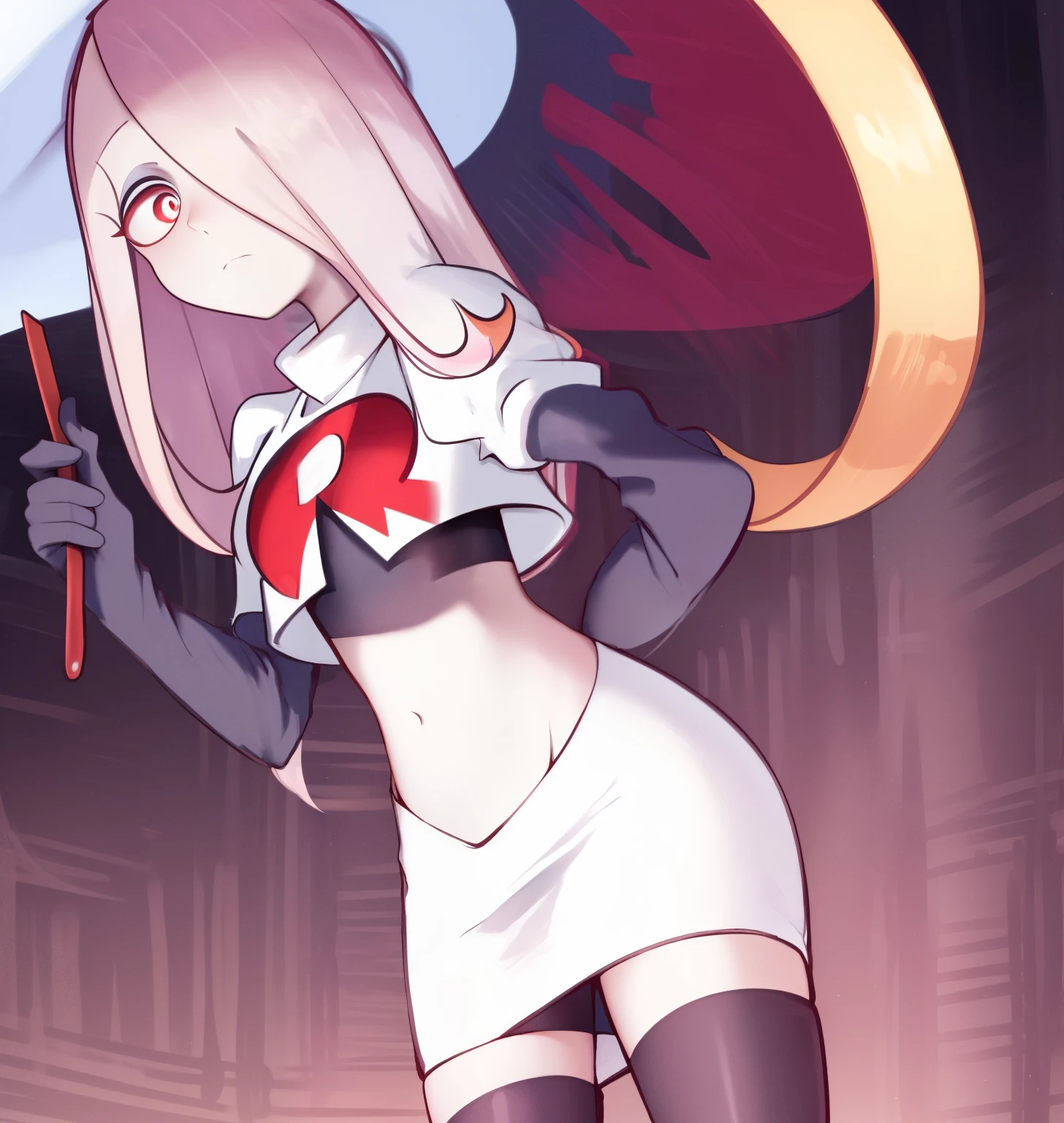 sucy, (sucy manbavaran:1.3), cowboy shot 1girl, (blank expression:1.2), (expressionless:1.2), makeup, hair over one eye, half-closed eyes, long hair, light purple hair, red eyes, pale skin, (standing cowboy shot:1.2), team rocket,team rocket uniform, red letter R, white skirt,white crop top,black thigh-high boots,black elbow gloves,