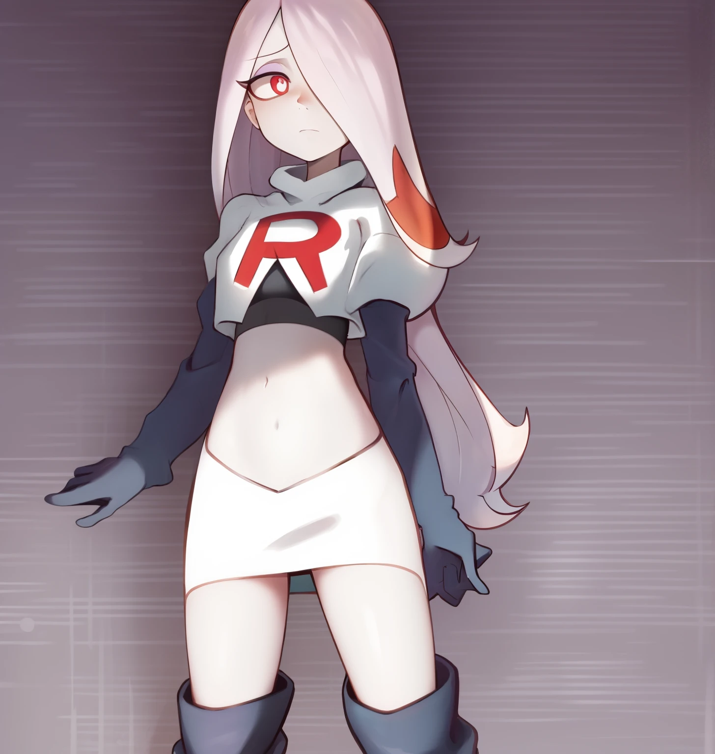 sucy, (sucy manbavaran:1.3), cowboy shot 1girl, (blank expression:1.2), (expressionless:1.2), makeup, hair over one eye, half-closed eyes, long hair, light purple hair, red eyes, pale skin, (standing cowboy shot:1.2), team rocket,team rocket uniform, red letter R, white skirt,white crop top,black thigh-high boots,black elbow gloves,