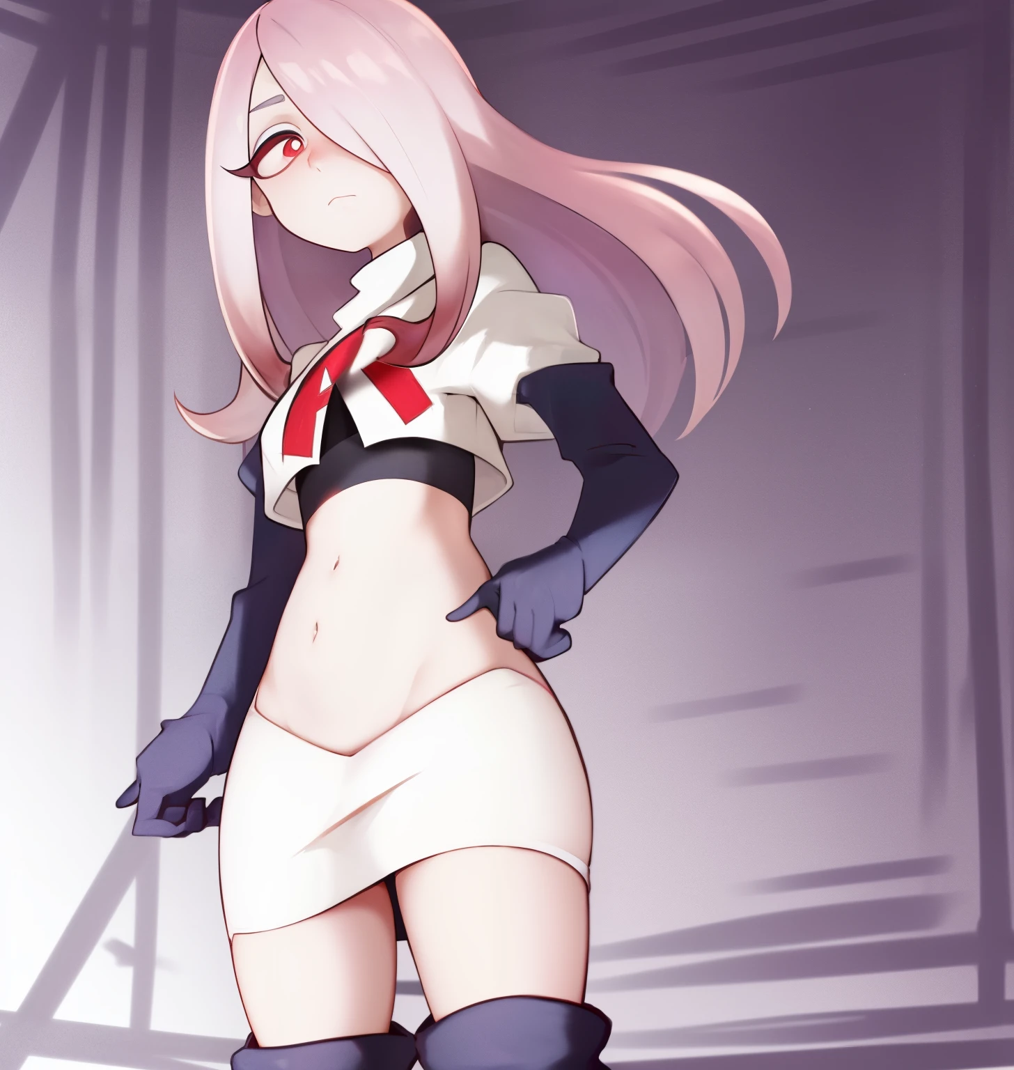 sucy, (sucy manbavaran:1.3), cowboy shot 1girl, (blank expression:1.2), (expressionless:1.2), makeup, hair over one eye, half-closed eyes, long hair, light purple hair, red eyes, pale skin, (standing cowboy shot:1.2), team rocket,team rocket uniform, red letter R, white skirt,white crop top,black thigh-high boots,black elbow gloves,