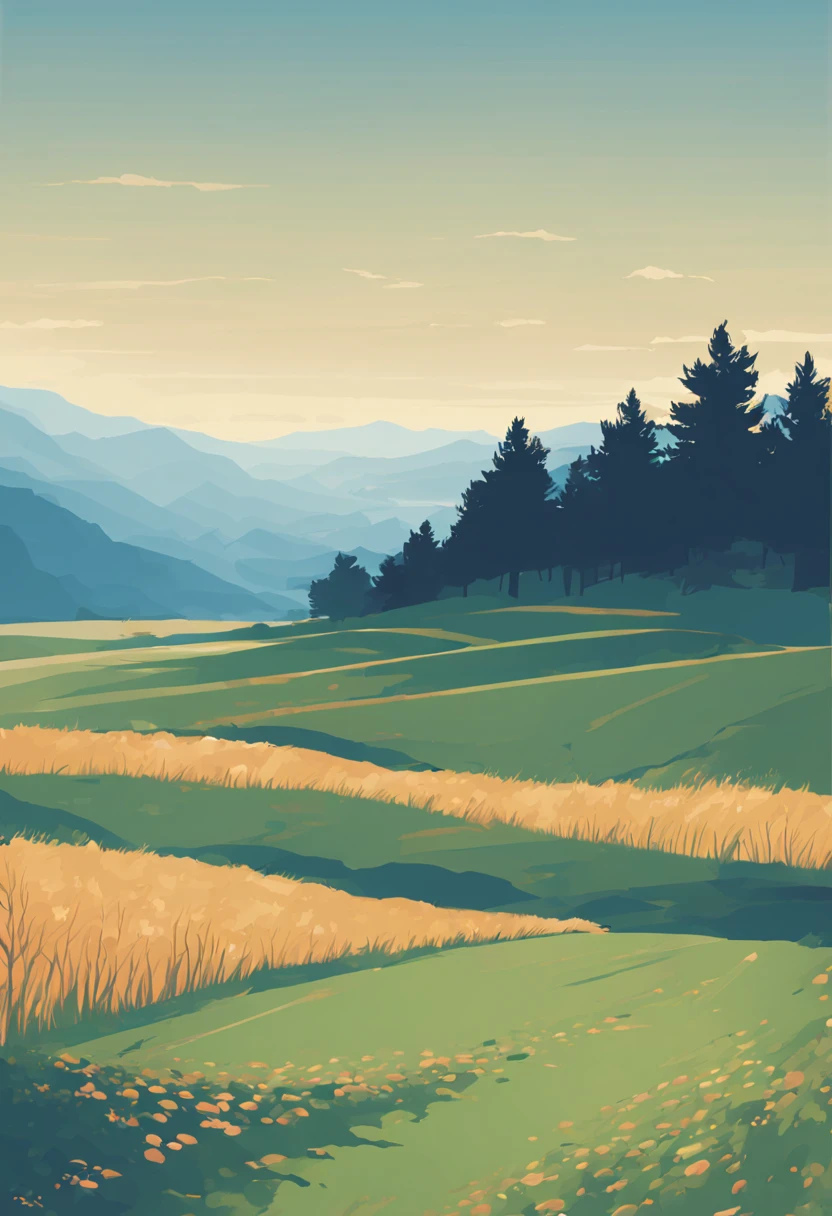 Vector graphics，vectorial，Graphic illustration，Flat noise style，Vector illustration, Natural and organic depiction of vast landscapes，Sky and meadow，