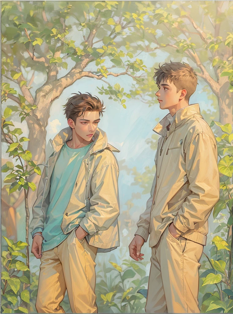 Two young men, (beutiful), Complex background, pastel colours, fentezi, ((beutiful мужчина))