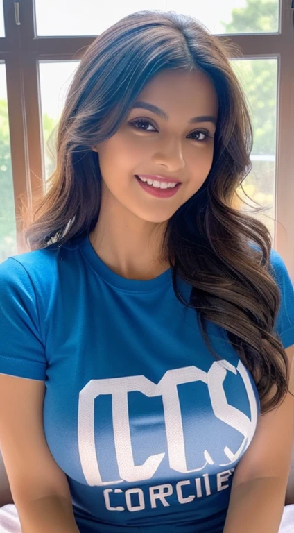Beautiful girl ((Masterpiece)), hyper realistic girl, focusing on camera, natural big breast, wearing blue coroled t-shirt, pretty smile, detailed lips, slim oval face, indian face, cheering face, beautiful big brown eyes, pretty rounded eyes, detailed eye, seating near the big french window, detailed sunlight flashing on her, proper detailed shadow, slim figure, attractive body, sexy figure, long wavy hair, black shiny hair, detailed hair, hyper realistic hair((Masterpiece)), fair skin, glowing skin((hyper realistic)),
