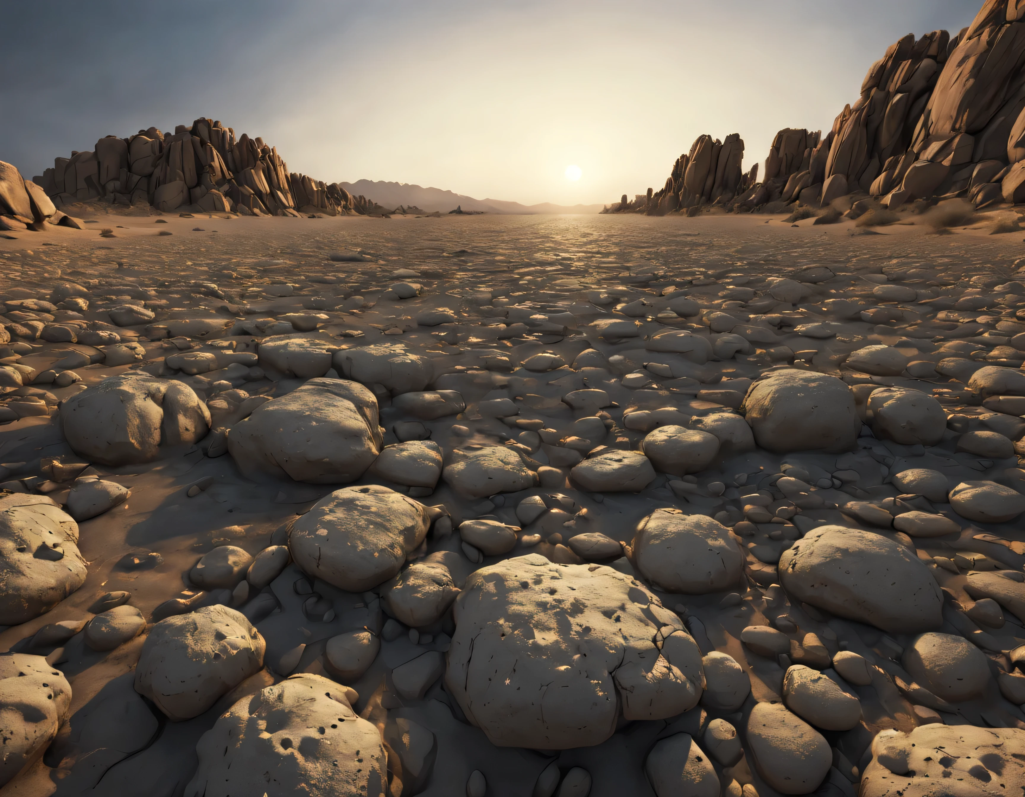 arid and rocky bottom, Luz del atardecer, Hiperrealista, low angle camera angle, Arte Final, Clave visual, sin agua