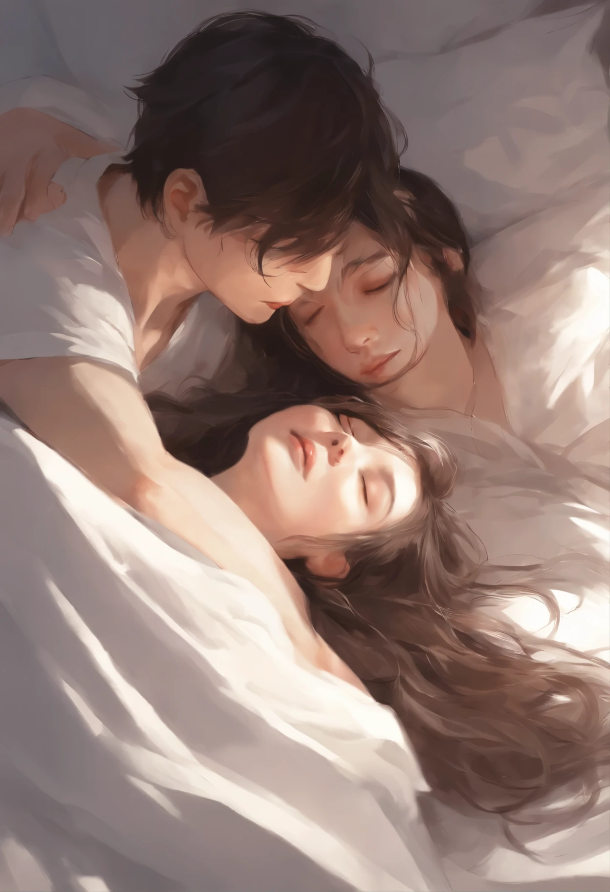 drawing of a couple hugging in bed with a white sheet, He holds her, While she sleeps, by Li Mei-shu, Yanagawa Nobusada, soft anime illustration, by Jin Nong, Naka Bokuhnen, charlie bowater and artgeem, couple pose, Lovers melt in bed, Eizan Kikukawa, hug, Makoto Shinkai and (Cainova plague), sakimichan and makoto shinkai, guweiz, Kissing together, artwork in the style of guweiz,