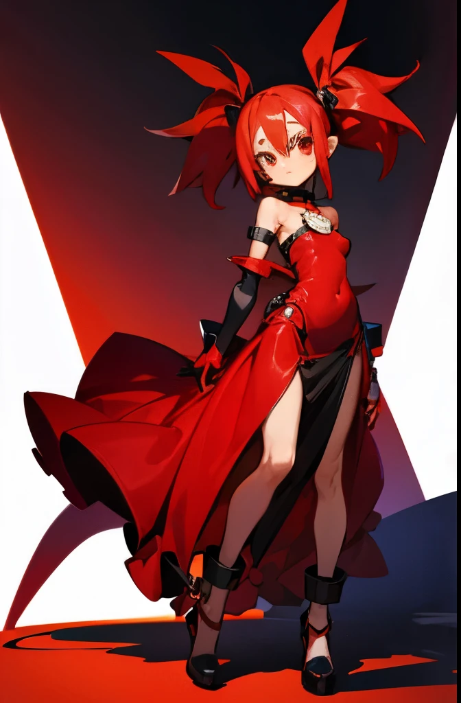 1girl, full body, etna, disgaea, red hair, choker, twintails, thighighs, elbow gloves, tight dress, long dress, masterpiece,