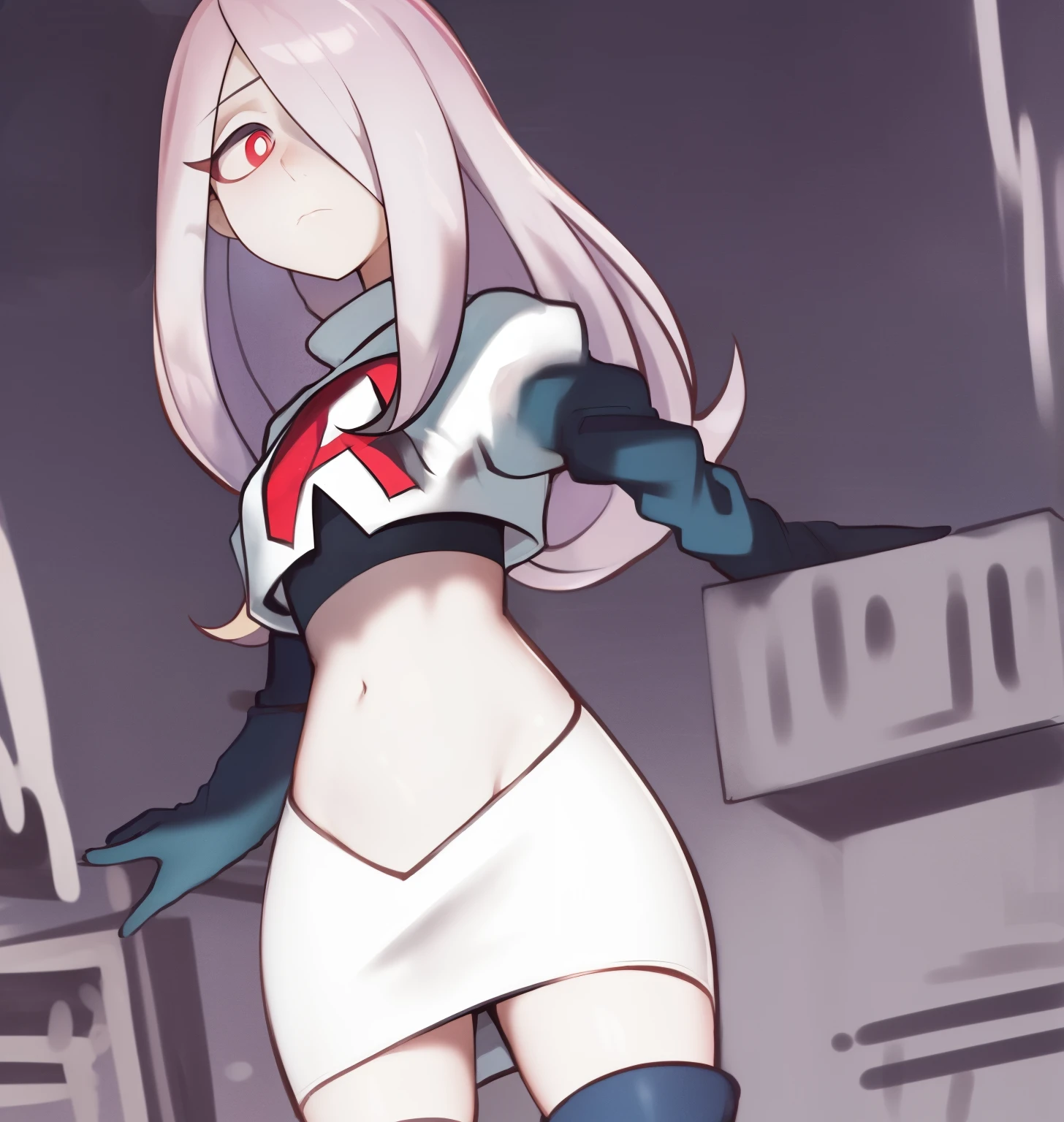 sucy, (sucy manbavaran:1.3), cowboy shot 1girl, (blank expression:1.2), (expressionless:1.2), makeup, hair over one eye, half-closed eyes, long hair, light purple hair, red eyes, pale skin, (standing cowboy shot:1.2), team rocket,team rocket uniform, red letter R, white skirt,white crop top,black thigh-high boots,black elbow gloves,