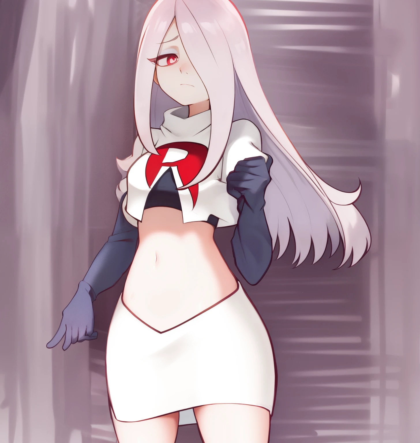 sucy, (sucy manbavaran:1.3), cowboy shot 1girl, (blank expression:1.2), (expressionless:1.2), makeup, hair over one eye, half-closed eyes, long hair, light purple hair, red eyes, pale skin, (standing cowboy shot:1.2), team rocket,team rocket uniform, red letter R, white skirt,white crop top,black thigh-high boots,black elbow gloves,