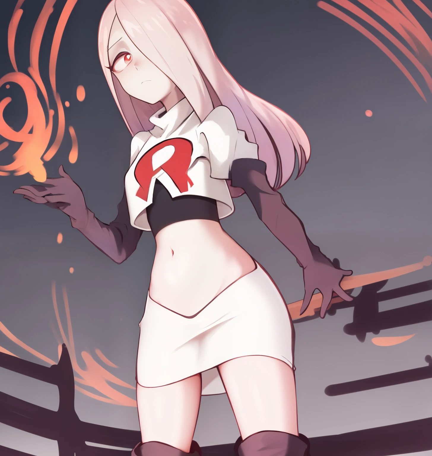 sucy, (sucy manbavaran:1.3), cowboy shot 1girl, (blank expression:1.2), (expressionless:1.2), makeup, hair over one eye, half-closed eyes, long hair, light purple hair, red eyes, pale skin, (standing cowboy shot:1.2), team rocket,team rocket uniform, red letter R, white skirt,white crop top,black thigh-high boots,black elbow gloves,