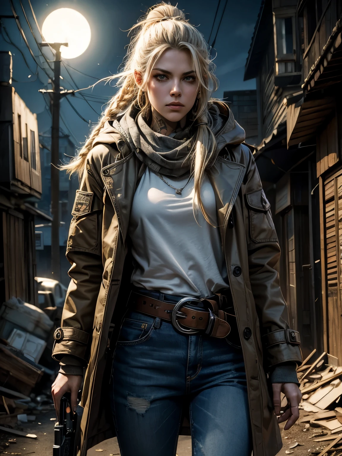 Photorealistic, dramatic lighting, close-up of Kathryn Winnick, scruffy long canvas coat, baggy hoodie, keffiyeh, jeans, equipment belt with gun holster, pale blue eyes, tattooed cheek, blonde dreadlocks, fierce expression, derelict town at night