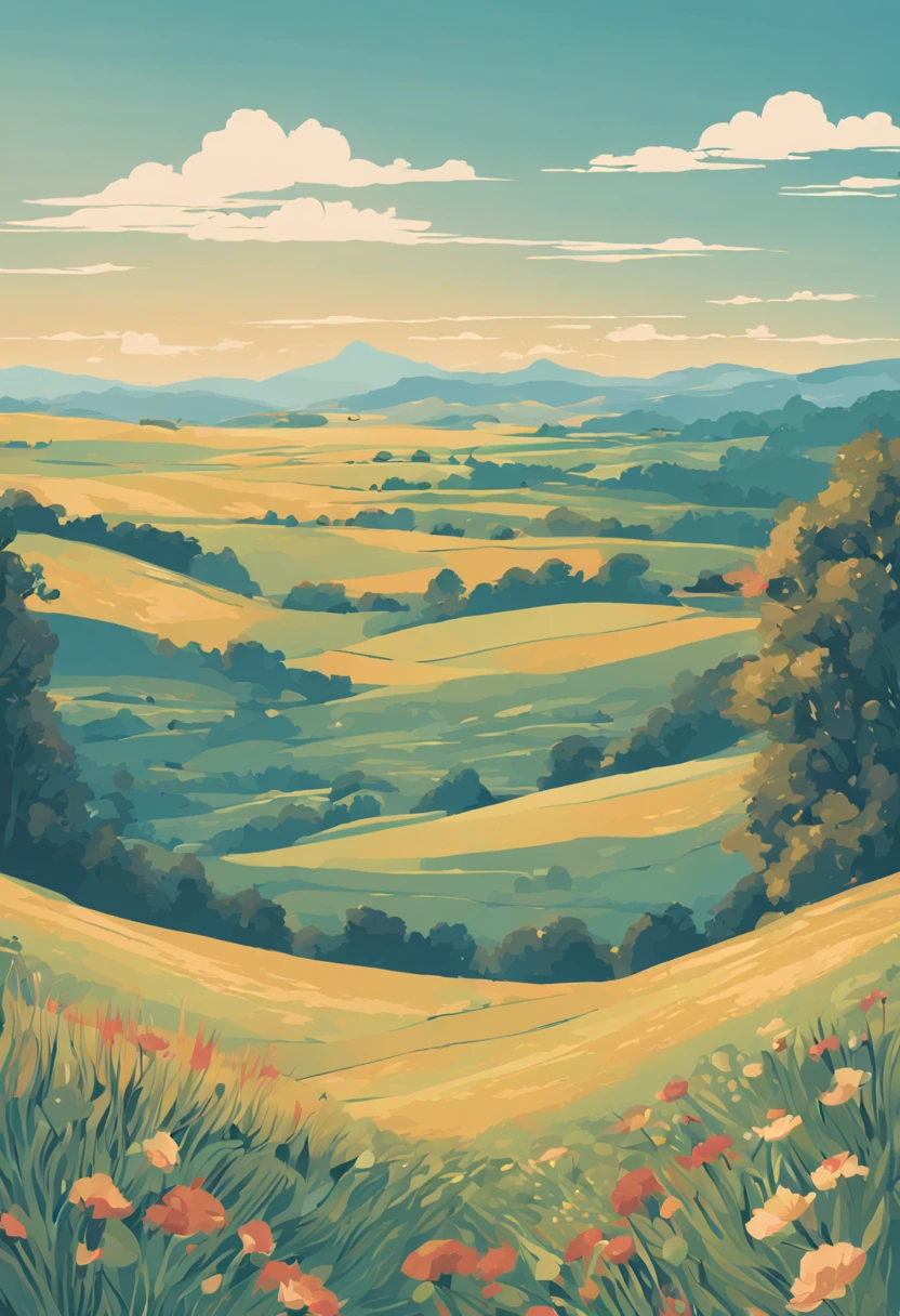 art nouveau style, Vector graphics，vectorial，Graphic illustration，Flat noise style，Vector illustration, Natural and organic depiction of vast landscapes，Sky and meadow，