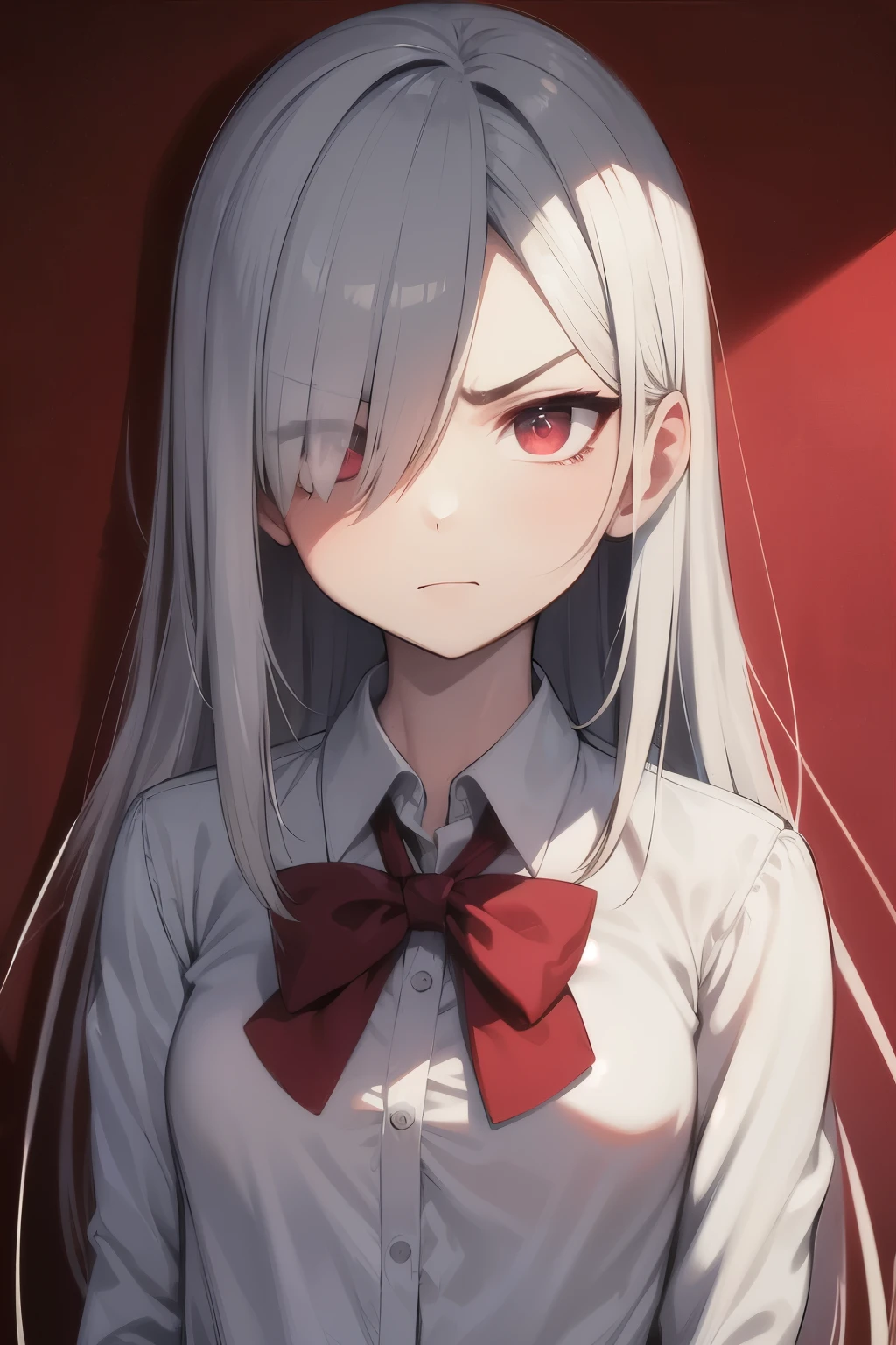 masterpiece, best quality, expressive eyes, perfect face, lightgrey hair, long hair, hair over one eye, crimson eyes, small breasts, school uniform, angry, serious,