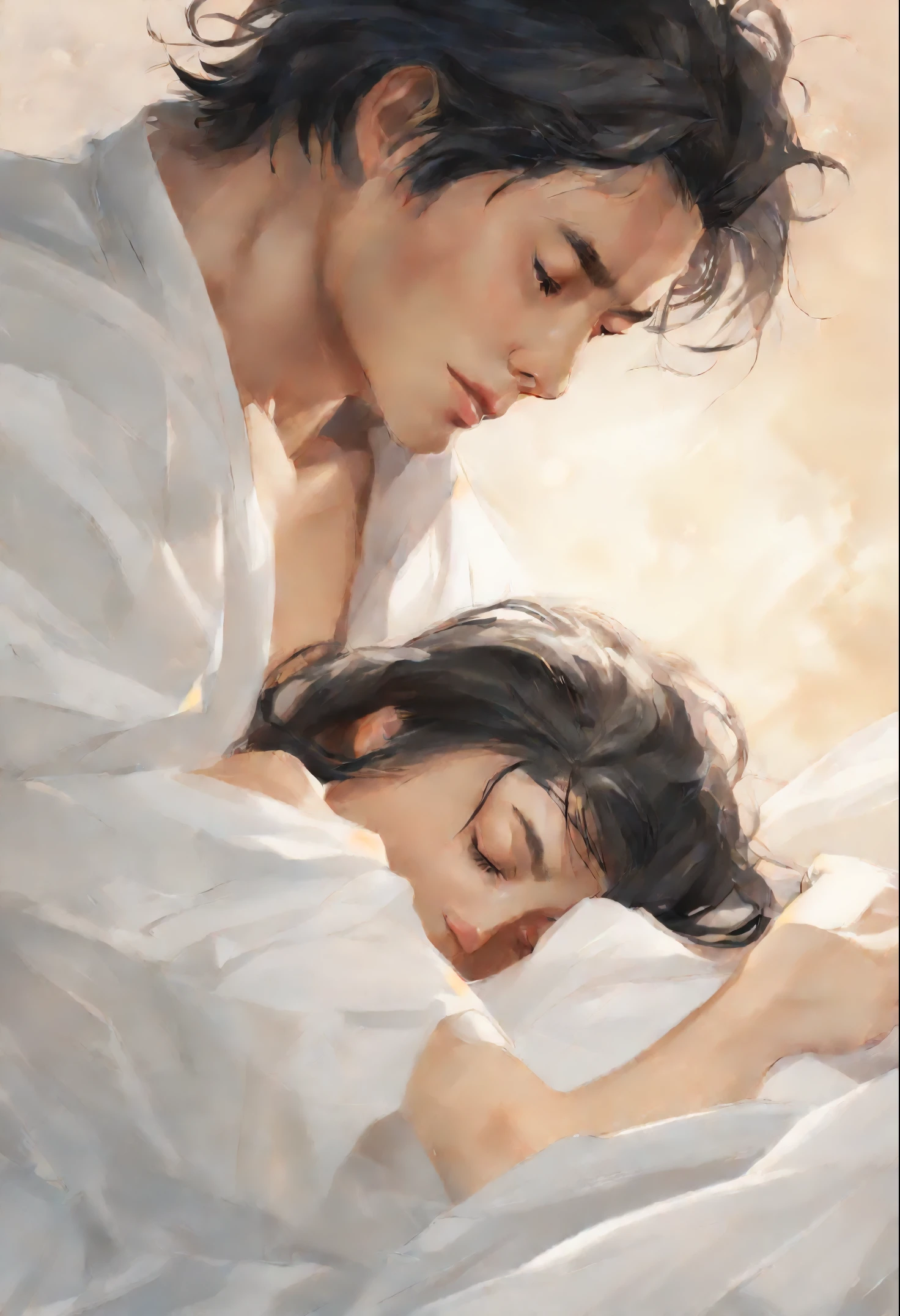 Young Europeans, drawing of a couple hugging in bed with a white sheet, He holds her, While she sleeps, by Li Mei-shu, Yanagawa Nobusada, soft anime illustration, by Jin Nong, Naka Bokuhnen, charlie bowater and artgeem, couple pose, Lovers melt in bed, Eizan Kikukawa, hug, Makoto Shinkai and (Cainova plague), sakimichan and makoto shinkai, guweiz, Kissing together, artwork in the style of guweiz,