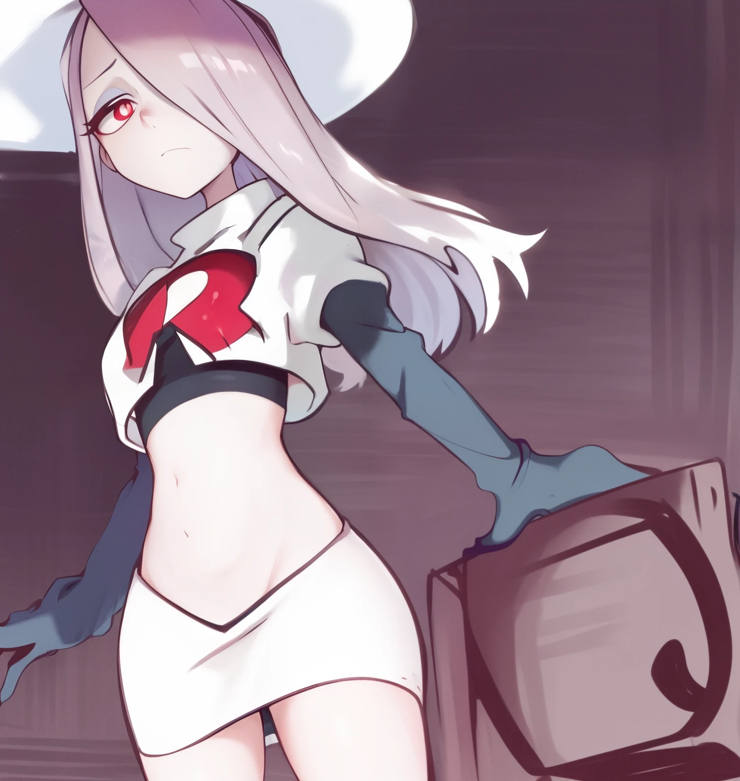 sucy, (sucy manbavaran:1.3), cowboy shot 1girl, (blank expression:1.2), (expressionless:1.2), makeup, hair over one eye, half-closed eyes, long hair, light purple hair, red eyes, pale skin, (standing cowboy shot:1.2), team rocket,team rocket uniform, red letter R, white skirt,white crop top,black thigh-high boots,black elbow gloves,