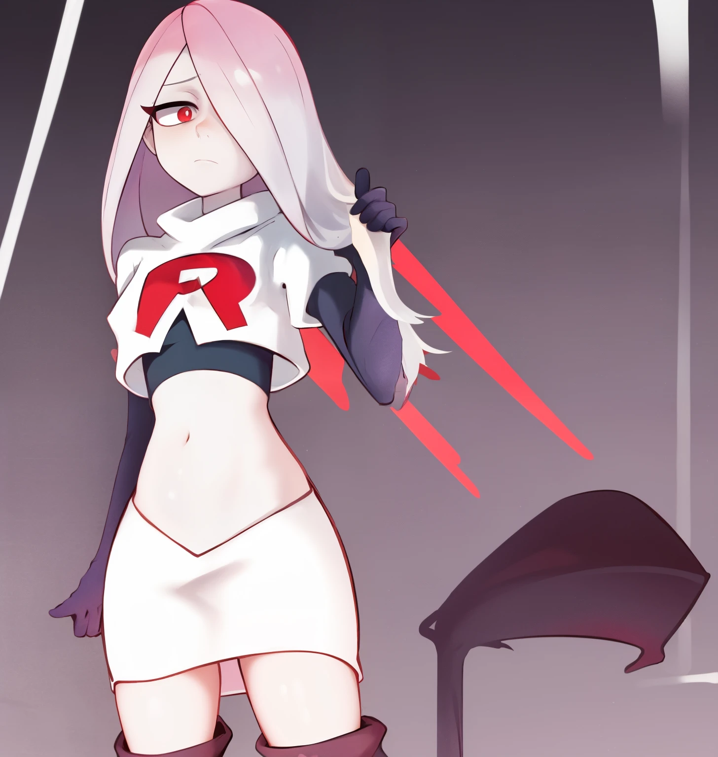 sucy, (sucy manbavaran:1.3), cowboy shot 1girl, (blank expression:1.2), (expressionless:1.2), makeup, hair over one eye, half-closed eyes, long hair, light purple hair, red eyes, pale skin, (standing cowboy shot:1.2), team rocket,team rocket uniform, red letter R, white skirt,white crop top,black thigh-high boots,black elbow gloves,