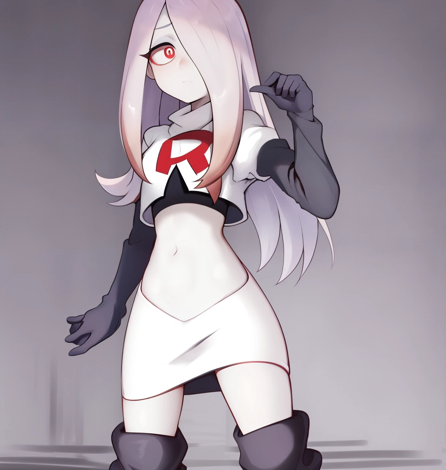 sucy, (sucy manbavaran:1.3), cowboy shot 1girl, (blank expression:1.2), (expressionless:1.2), makeup, hair over one eye, half-closed eyes, long hair, light purple hair, red eyes, pale skin, (standing cowboy shot:1.2), team rocket,team rocket uniform, red letter R, white skirt,white crop top,black thigh-high boots,black elbow gloves,