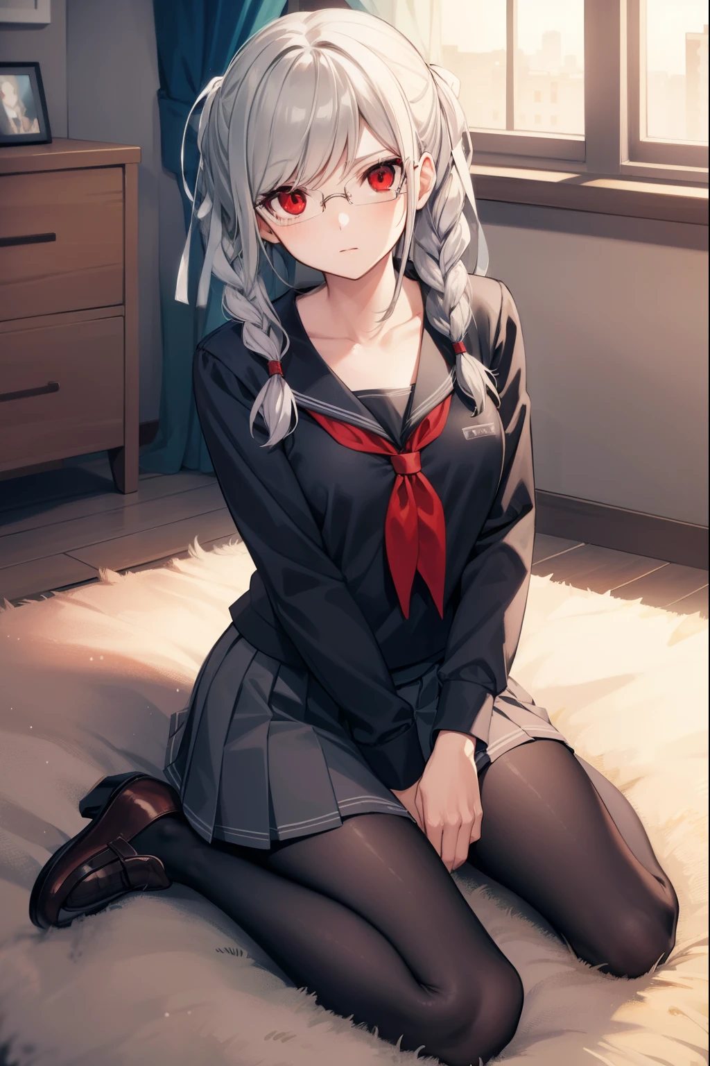 pekopekoyama, peko pekoyama, braid, long hair, (red eyes:1.5), twin braids, glasses,
BREAK black pantyhose, black shirt, brown footwear, collarbone, pantyhose, pleated skirt, school uniform, serafuku, shirt, shoes, skirt,
BREAK looking at viewer,
BREAK indoors, classroom,
BREAK (masterpiece:1.2), best quality, high resolution, unity 8k wallpaper, (illustration:0.8), (beautiful detailed eyes:1.6), extremely detailed face, perfect lighting, extremely detailed CG, (perfect hands, perfect anatomy),