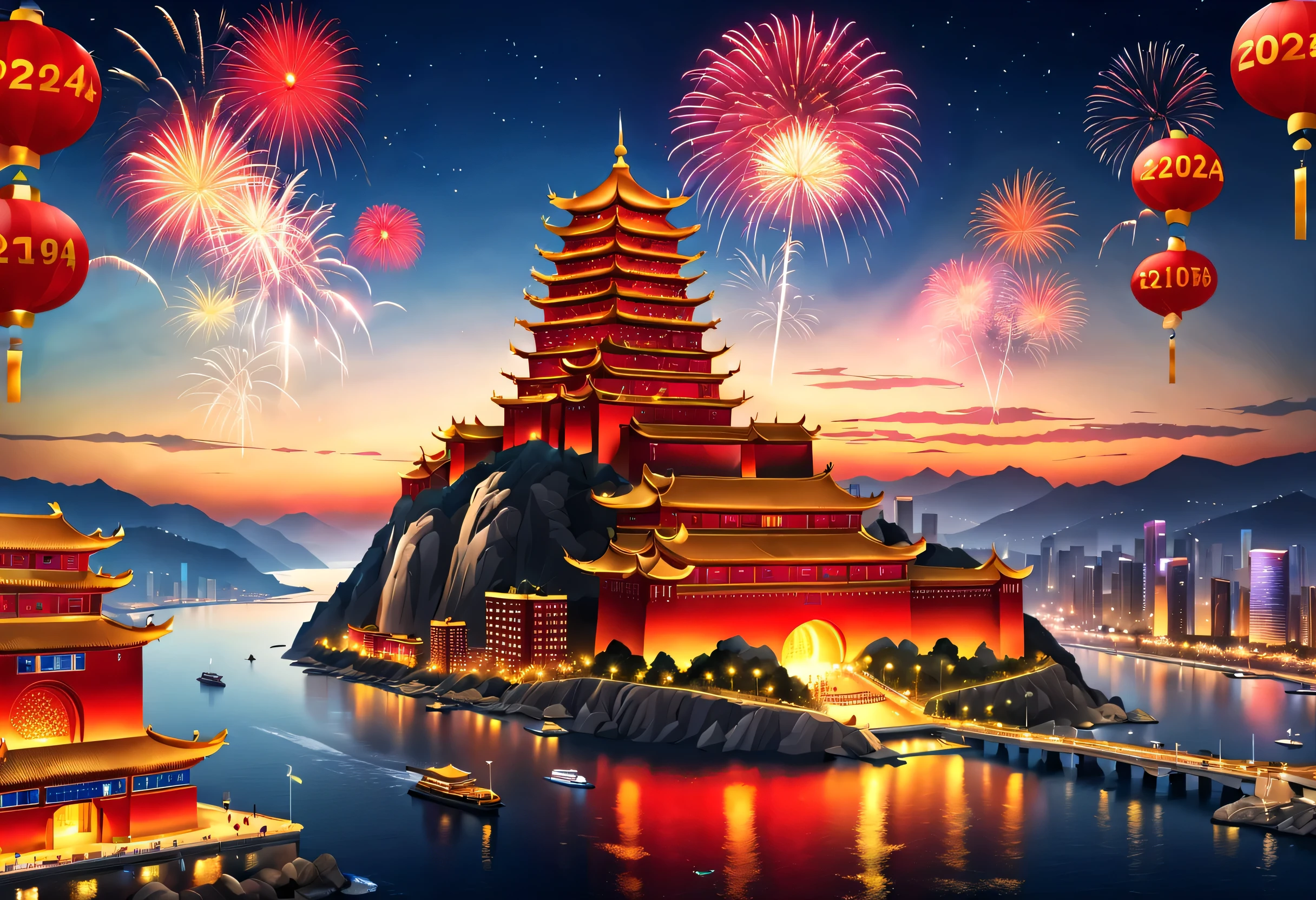 (2024 New Year’s Eve celebration scene design), (Red and gold poster design), (Qingdao seaside giant building complex thousands of miles away, Chinese big breasts: 1.2), Projection screen, (a happy new year: 1.3), Crowd watching countdown on big screen, Fireworks blooming all over the sky, Many ribbons and colorful pieces fall in the sky, people's wishes, Background with: Heavy snow cover,