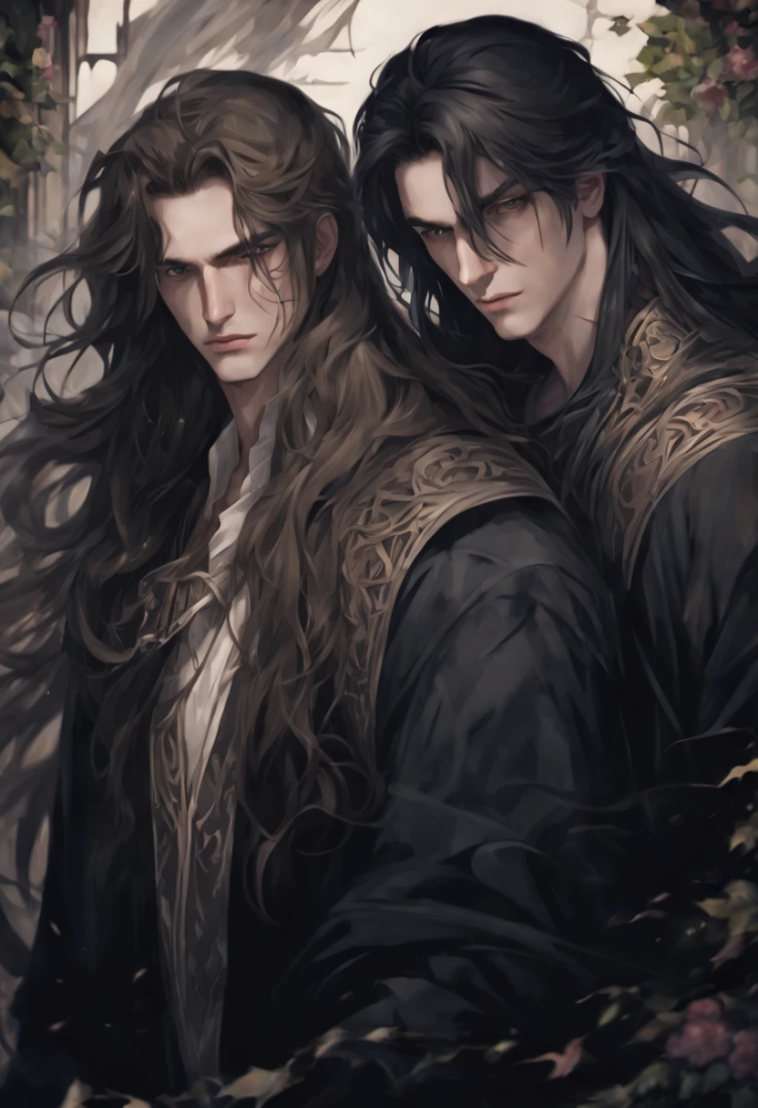 Two young men, (beutiful), Complex background, Dark fentezi, ((beutiful мужчина)), absurdly long hair, complex light, there is a place for an inscription