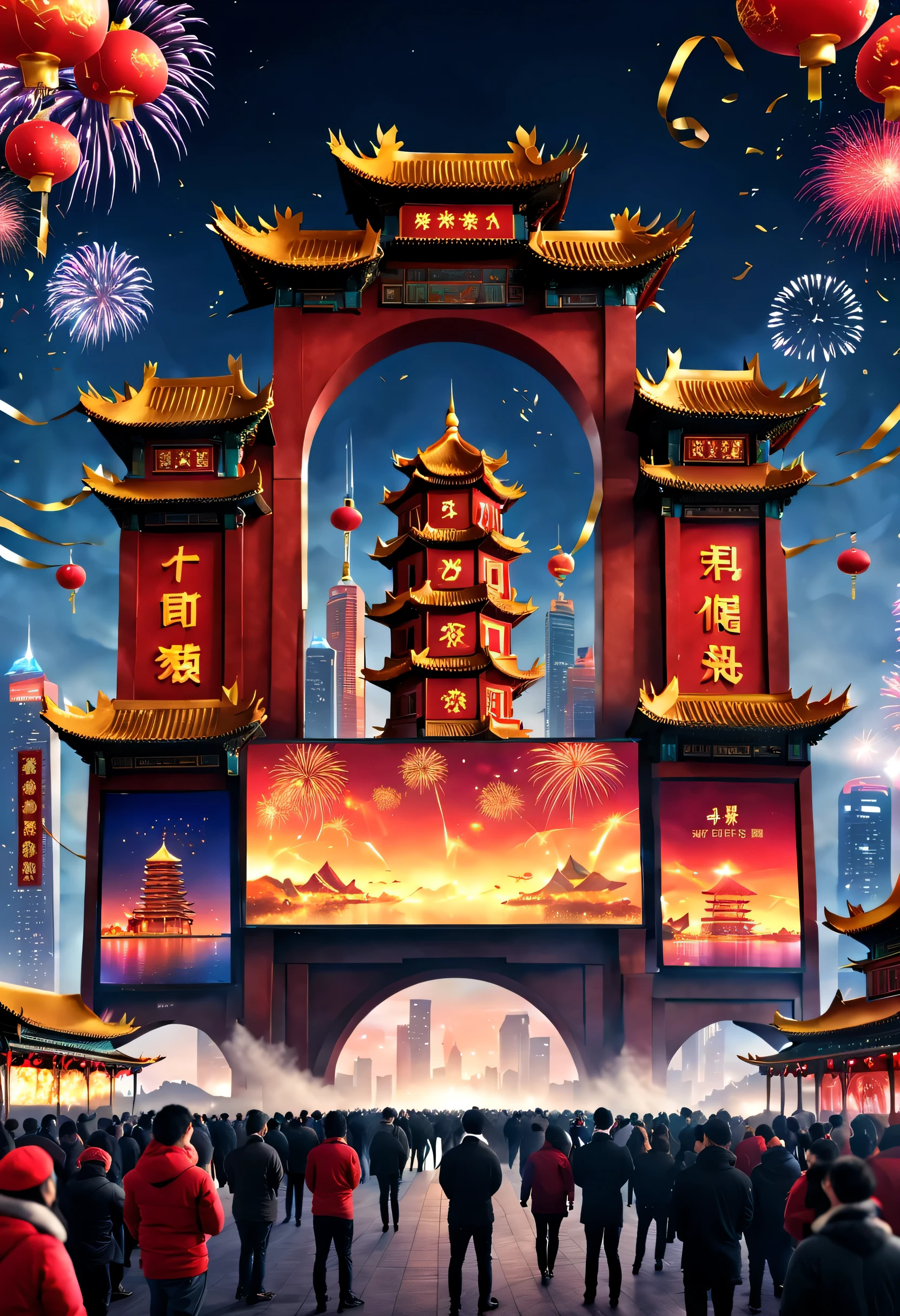 (2024 New Year’s Eve celebration scene design), (Red and gold poster design), (a happy new year Scene on the Giant Coastal Architecture Complex in Qingdao, : 1.2), Chinese dragon inside projection screen, (a happy new year: 1.3), Audiences watch countdown on big screen, Fireworks bloom in the sky, Many ribbons and confetti fall in the air, people&#39;wish, Background with: Heavy snow cover