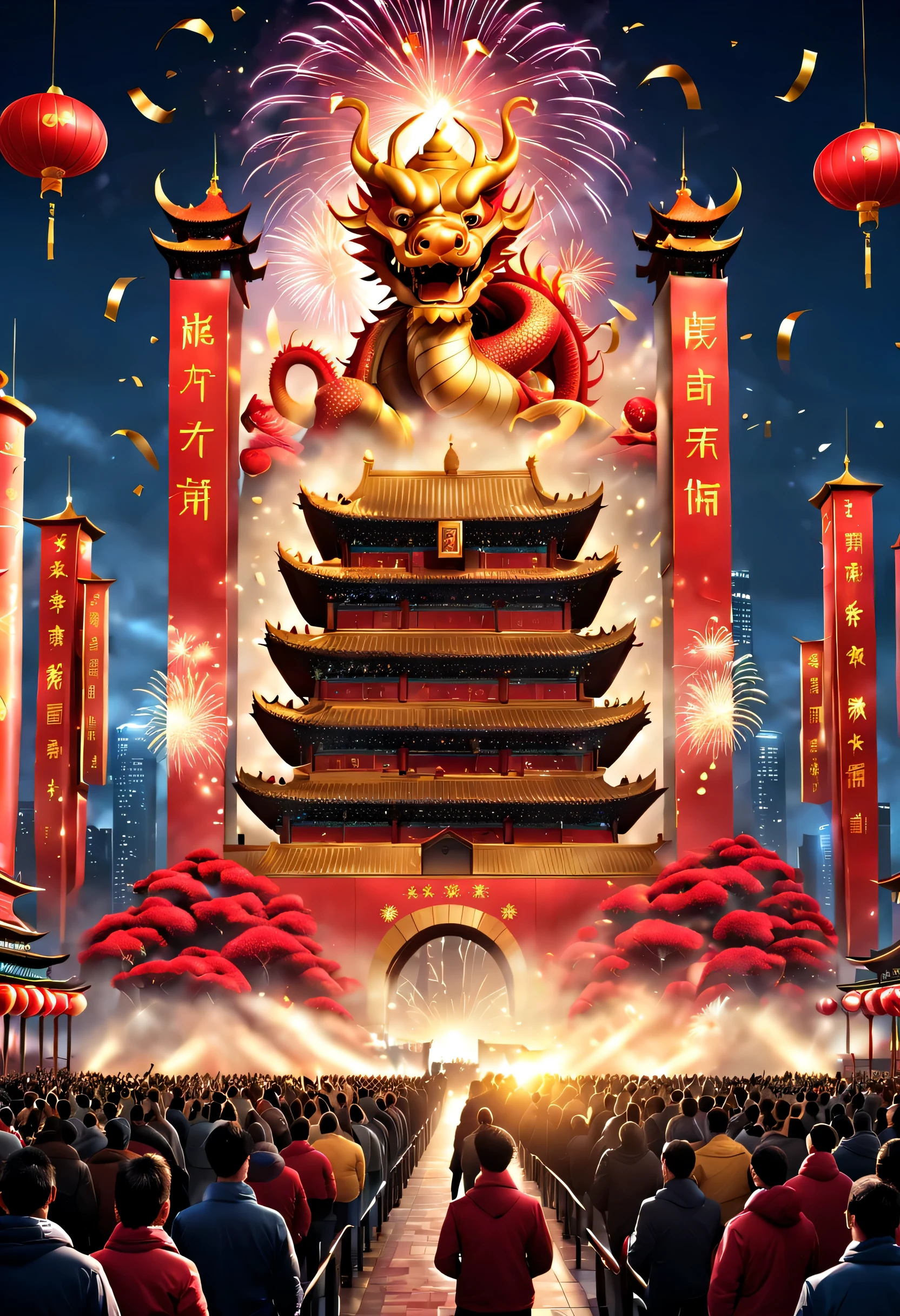 (2024 New Year’s Eve celebration scene design), (Red and gold poster design), (a happy new year Scene on the Giant Coastal Architecture Complex in Qingdao, : 1.2), Chinese dragon inside projection screen, (a happy new year: 1.3), Audiences watch countdown on big screen, Fireworks bloom in the sky, Many ribbons and confetti fall in the air, people&#39;wish, Background with: Heavy snow cover