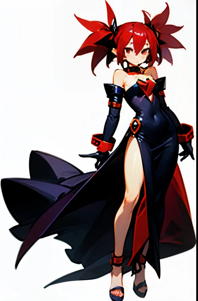 masterpiece, Anime screenshots, 1 Girl, alone, Brown Hair, Long Hair, Green Eyes, Red dress, Cleavage, Bare shoulders, Knee socks, Elbow hand pockets, Black wings, Outdoor, Suppressed, Tentacles, Shuma-Gorath, Cowboy Shot, whole body, elbow gloves, messy hair, hair over one eye,