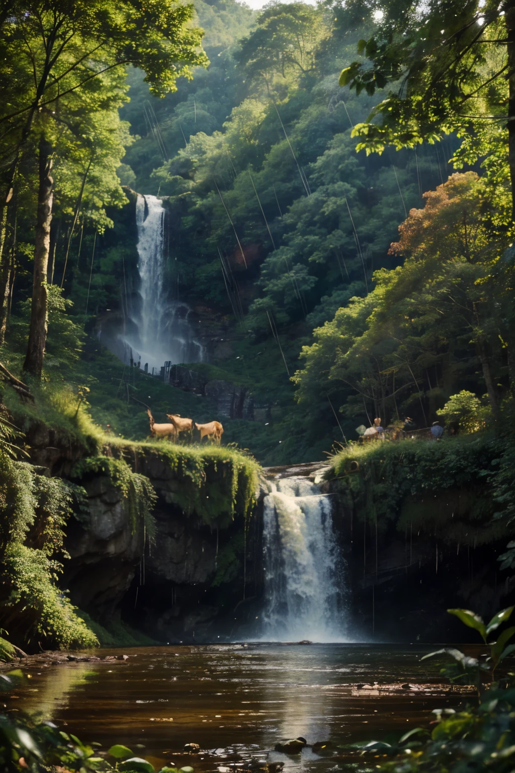 ((best quality)), ((masterpiece)), (detailed), (dense thick forest),water falls, sun set, animals, butterflies, (rainy), flowers, long lenses, fresh air, vibrant , realistic, mountains, realistic women in long focus
