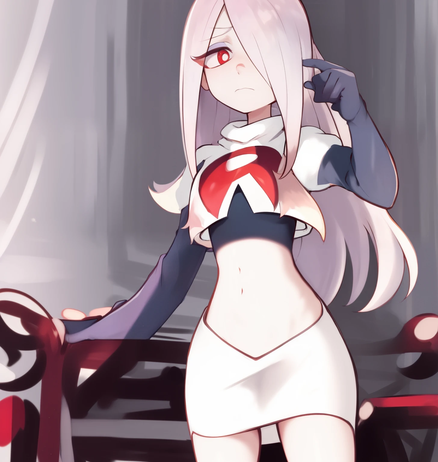 sucy, (sucy manbavaran:1.3), cowboy shot 1girl, (blank expression:1.2), (expressionless:1.2), makeup, hair over one eye, half-closed eyes, long hair, light purple hair, red eyes, pale skin, (standing cowboy shot:1.2), team rocket,team rocket uniform, red letter R, white skirt,white crop top,black thigh-high boots,black elbow gloves,