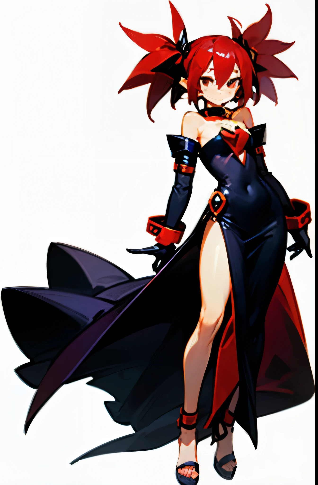 1girls, full entire body, Etna, disgaea, rotes Haar, Halskette, twintails, Oberschenkel, Ellbogen-Handschuhe, enges Kleid, langes Kleid, Meisterwerk, High quality